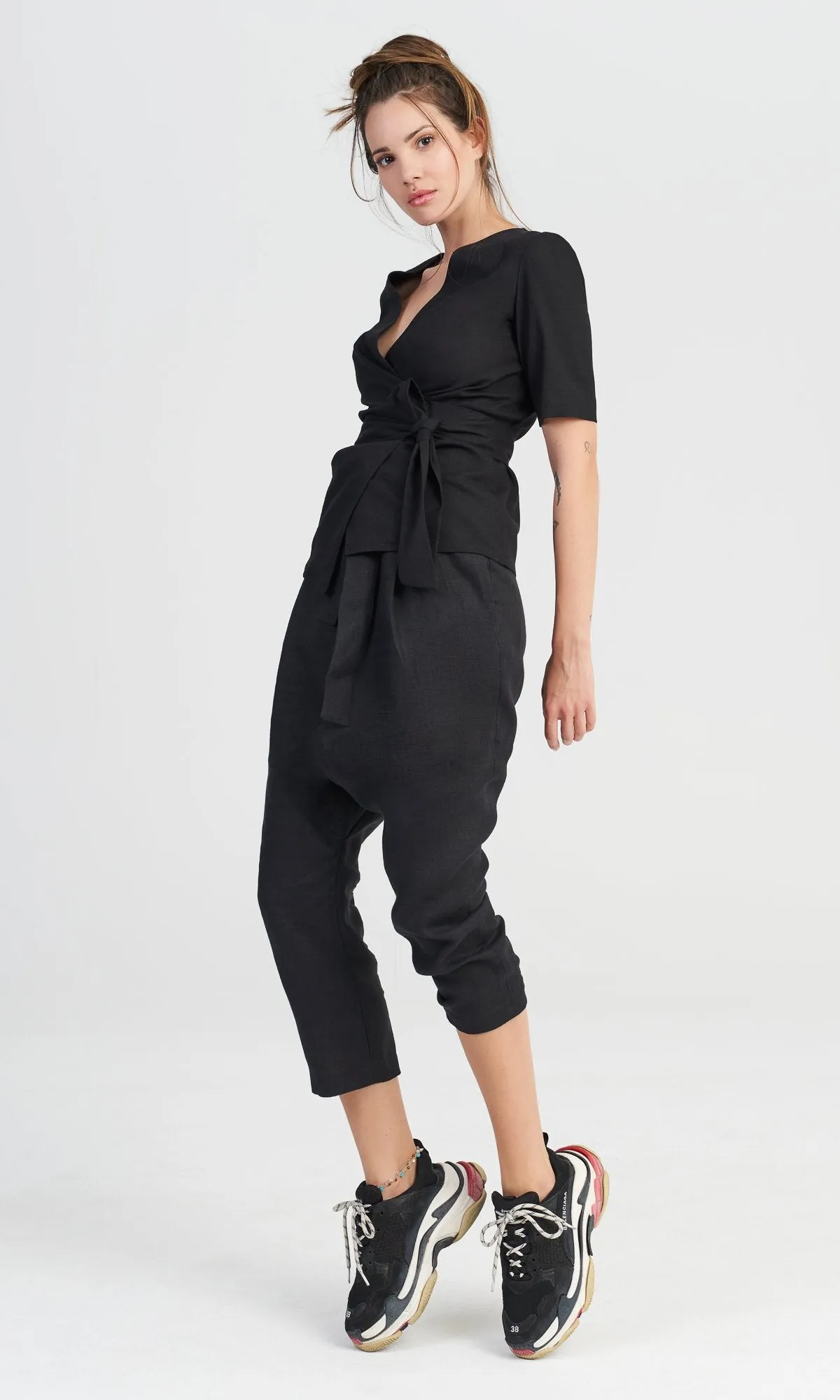 Linen Drop Crotch Pants with Belt