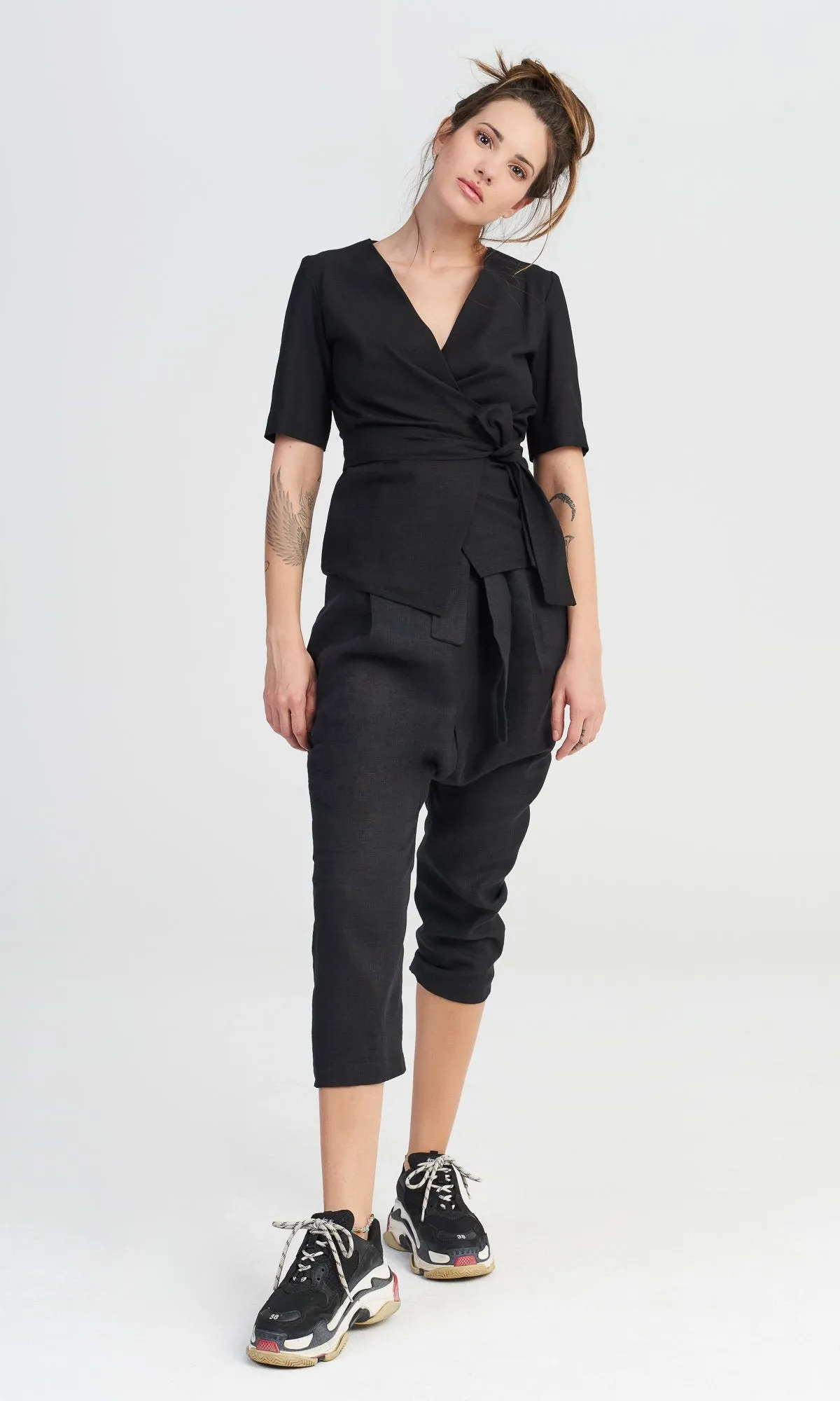 Linen Drop Crotch Pants with Belt