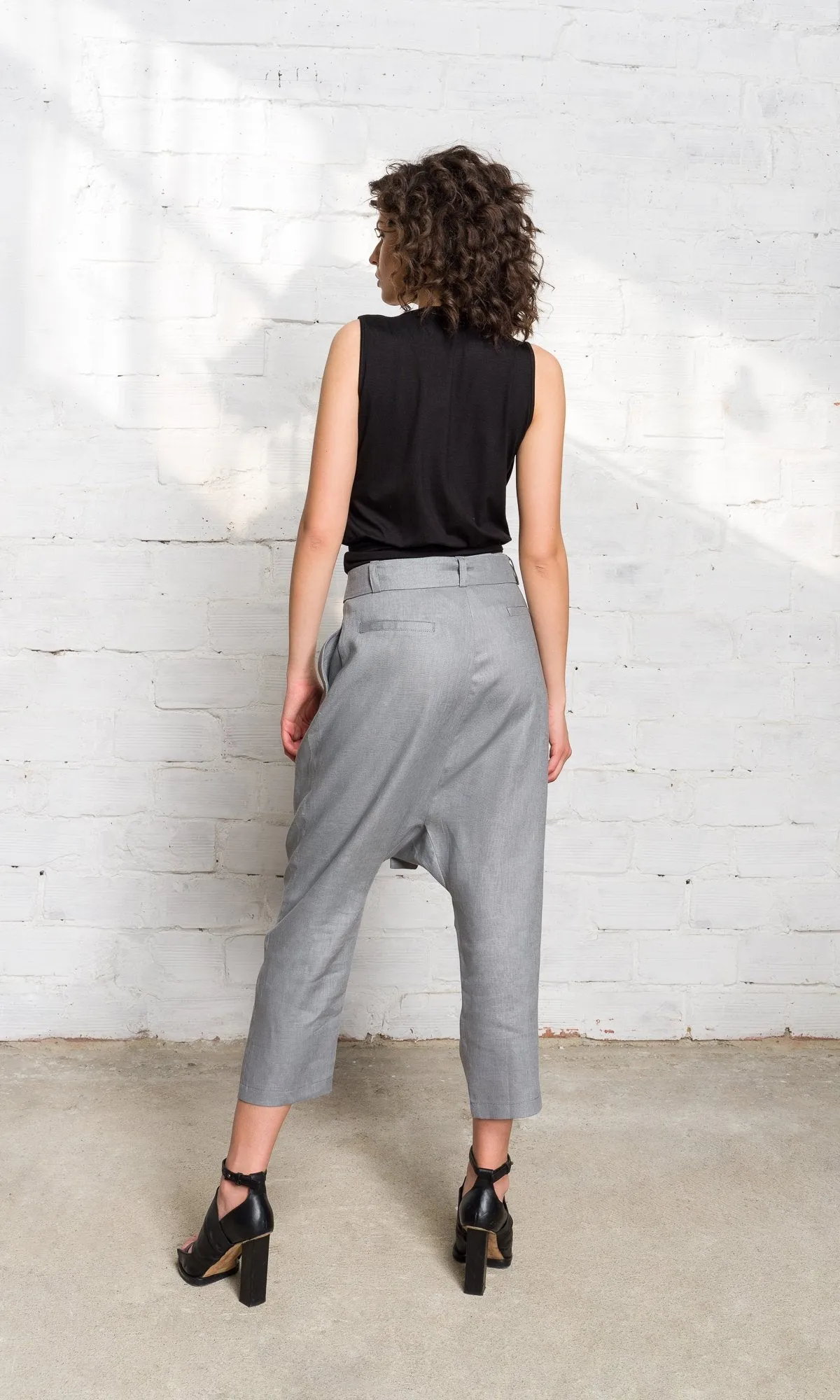 Linen Drop Crotch Pants with Belt