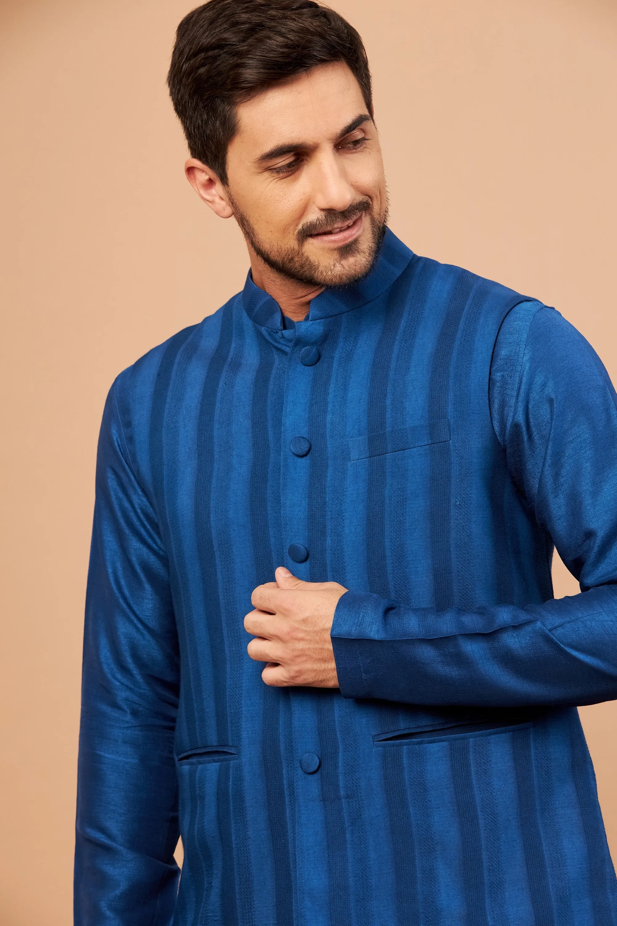 Men's Blue Color Nehru Jacket With Kurta Pant Set - Hilo Design