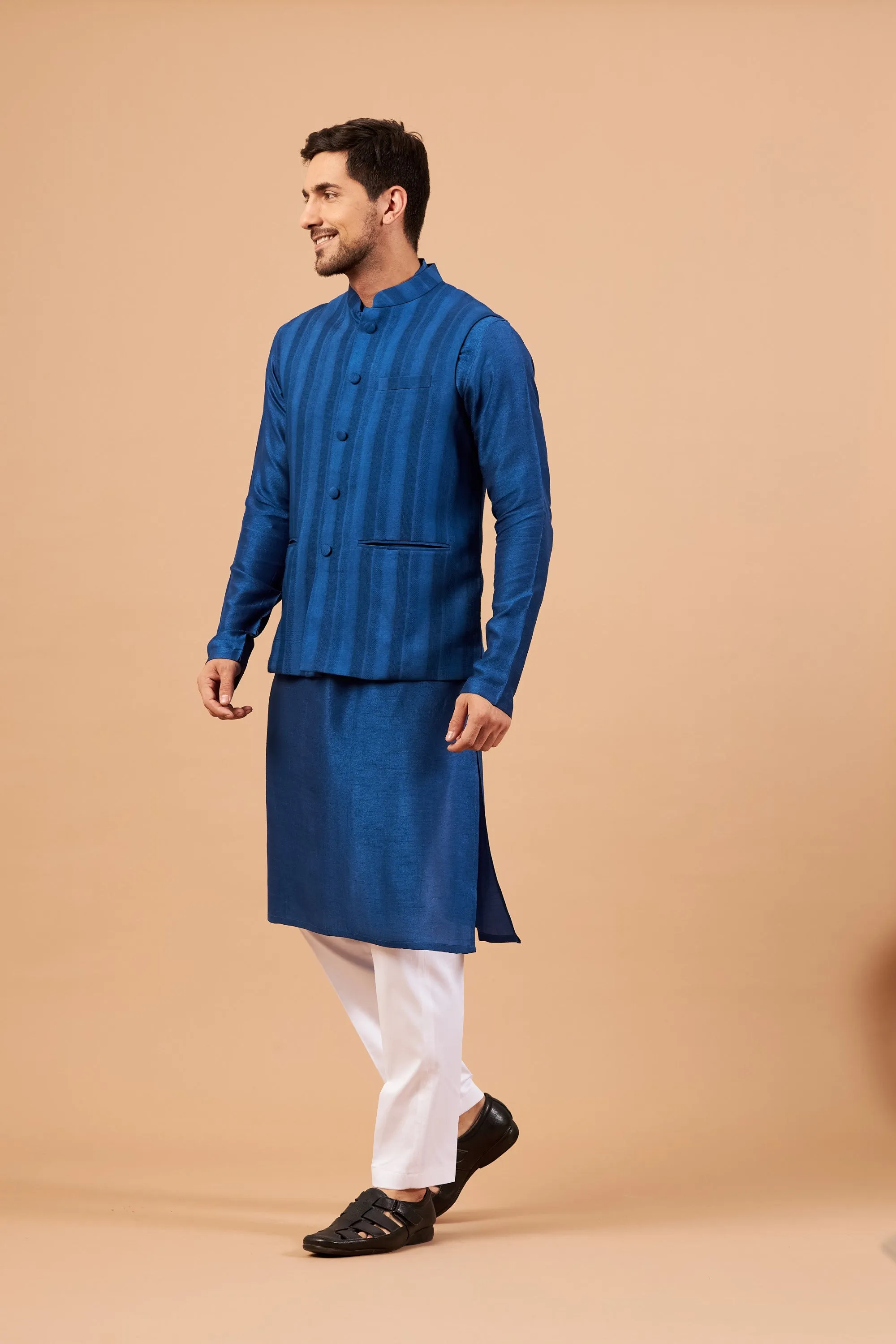 Men's Blue Color Nehru Jacket With Kurta Pant Set - Hilo Design