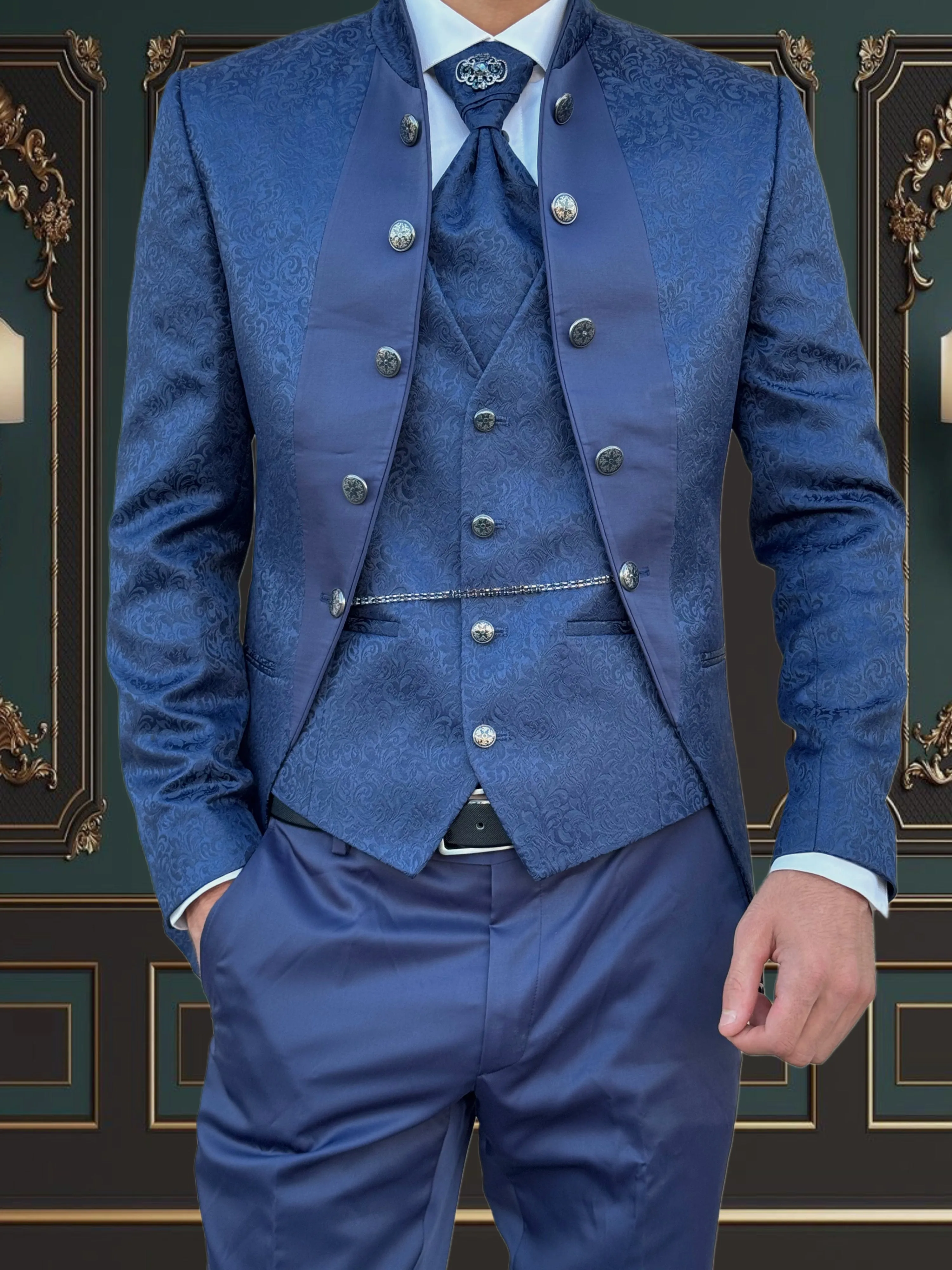 Men's Blue Floral Tuxedo with Mandarin Collar | Unique Formal Attire