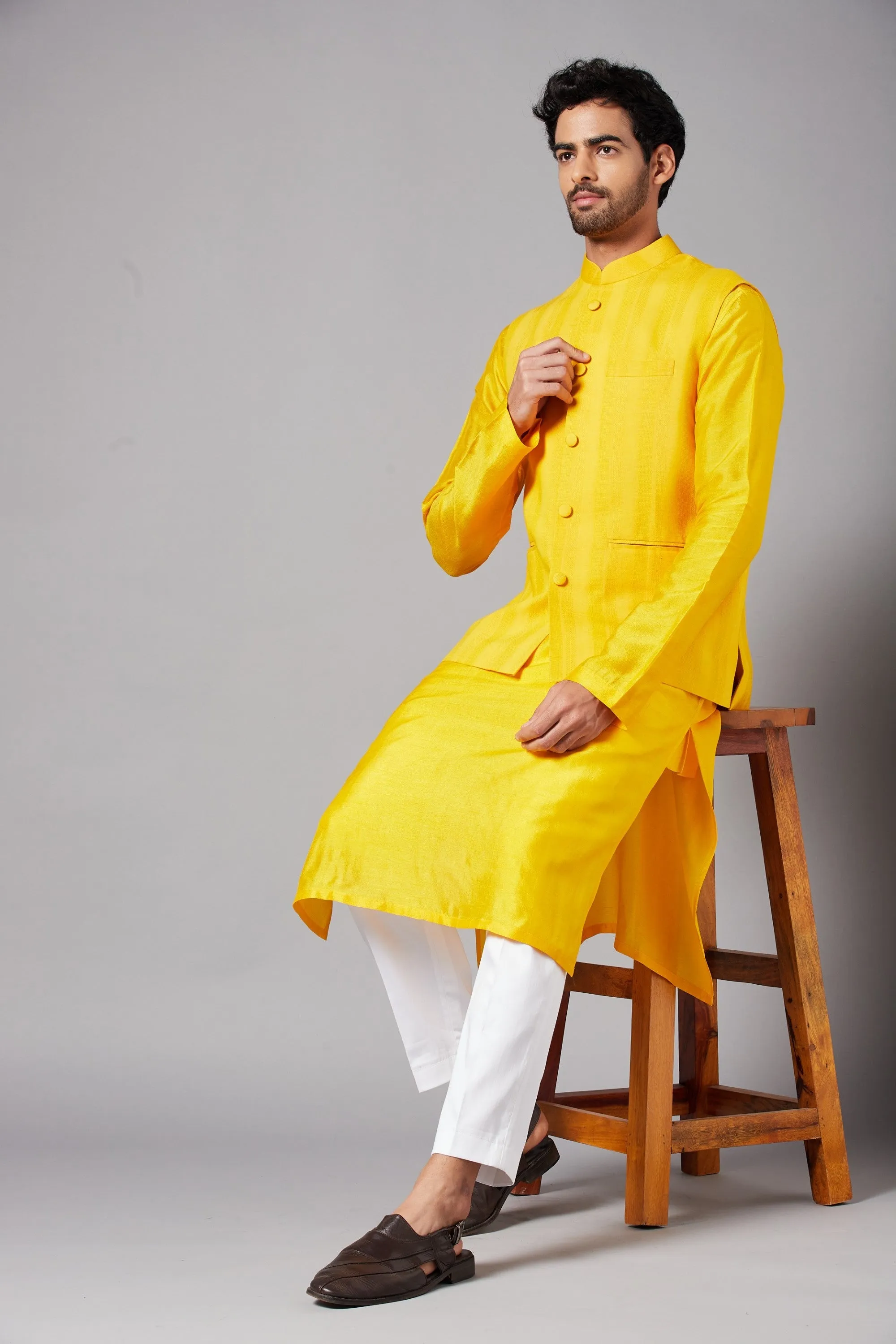 Men's Mustard Color Nehru Jacket With Kurta Pant Set - Hilo Design