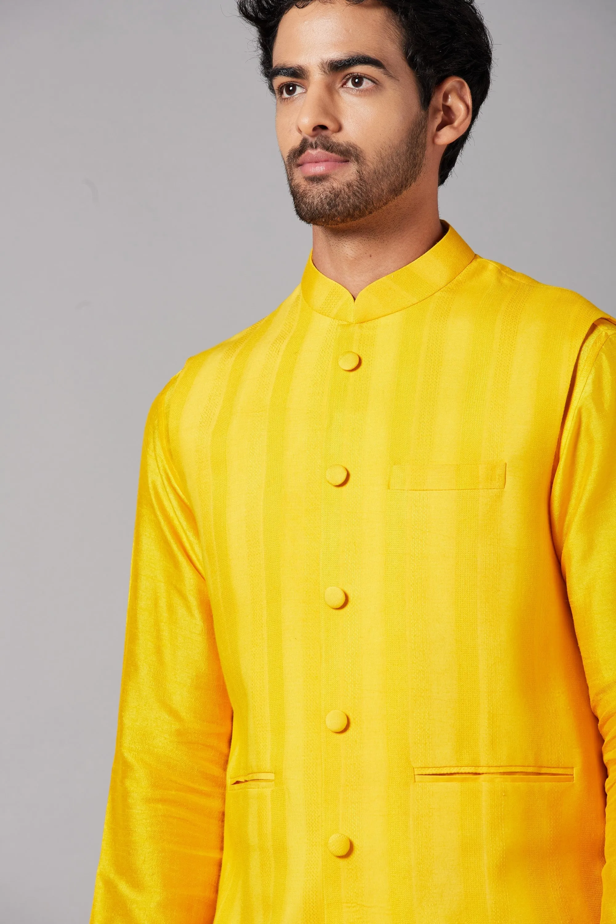 Men's Mustard Color Nehru Jacket With Kurta Pant Set - Hilo Design