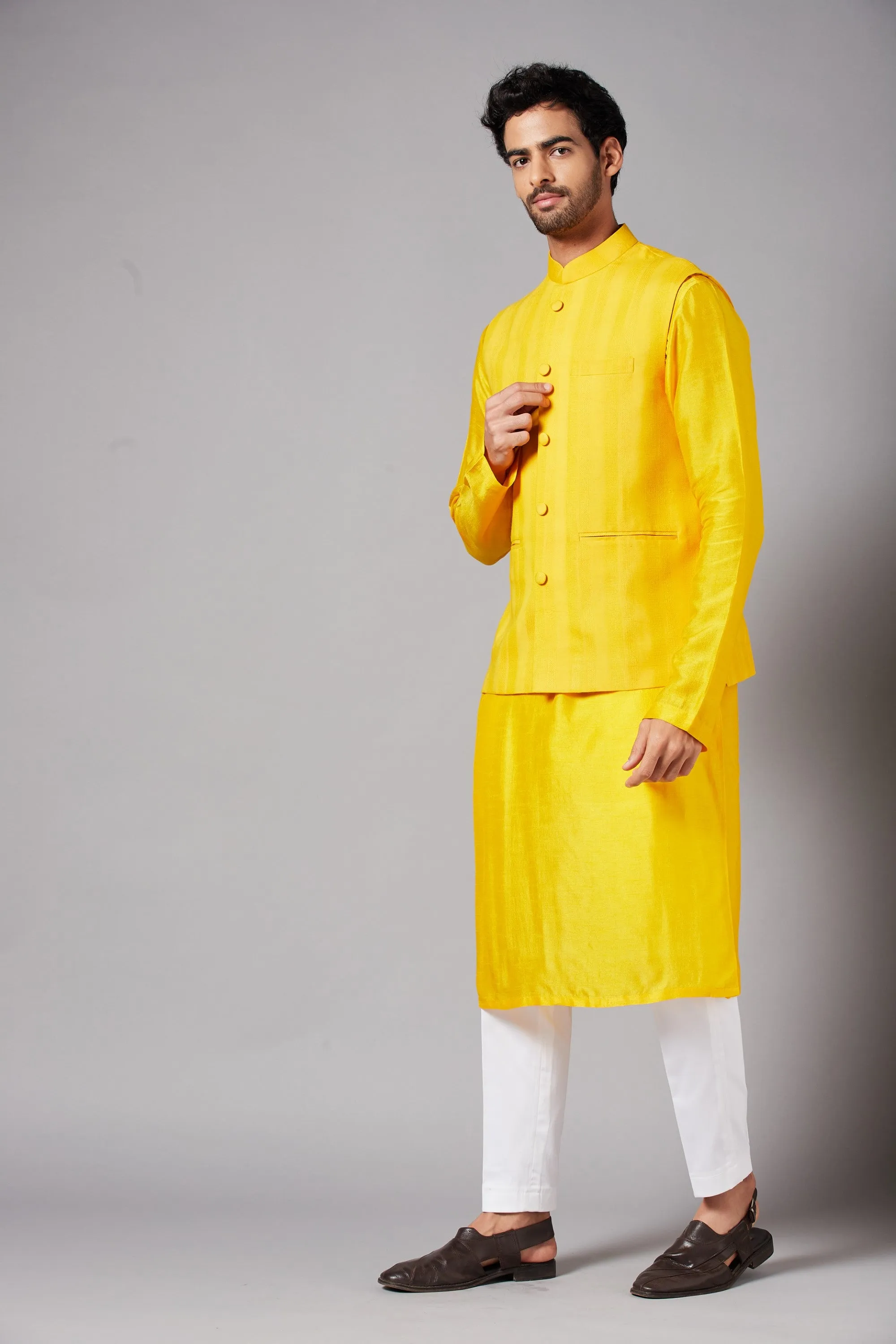 Men's Mustard Color Nehru Jacket With Kurta Pant Set - Hilo Design