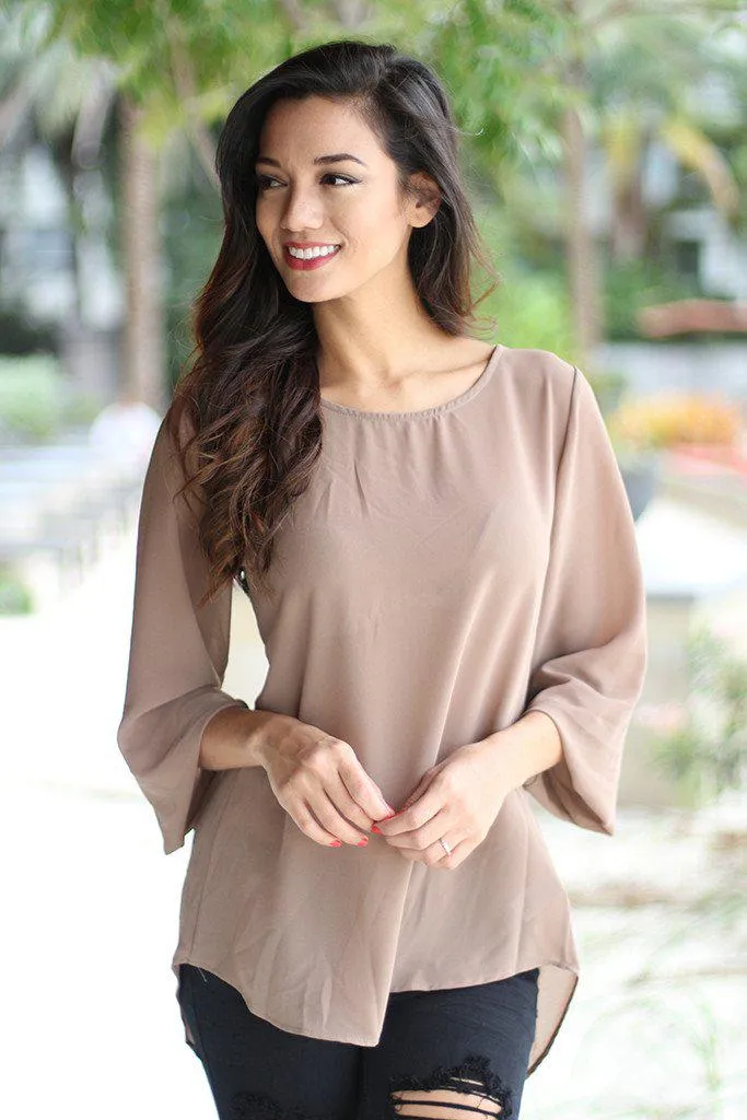 Mocha Chiffon Top With Lace Back