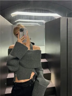 Neck Women Ins Vintage Halter Sweaters Fashion Y2k Aesthetic Knitted Solid Jumpers Sexy Slim Zipper Chic Layered Pullovers