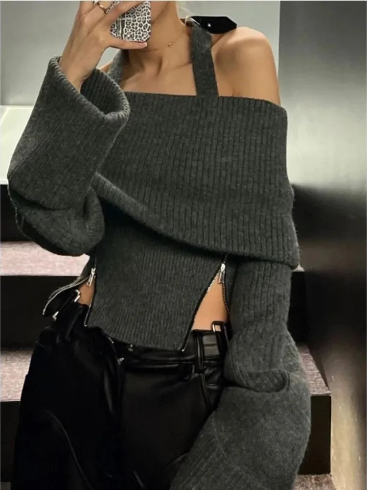 Neck Women Ins Vintage Halter Sweaters Fashion Y2k Aesthetic Knitted Solid Jumpers Sexy Slim Zipper Chic Layered Pullovers