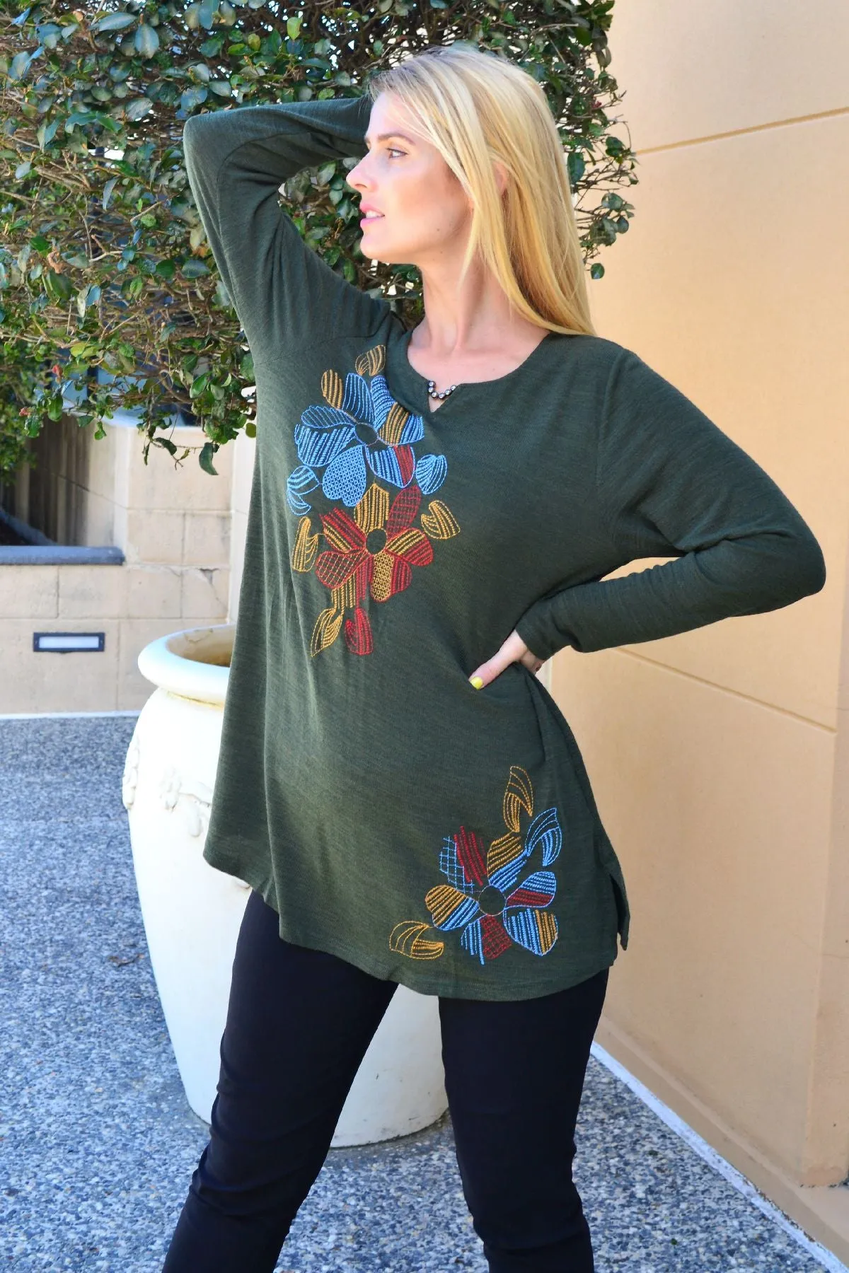 Olive Windmill Flower Tunic Top