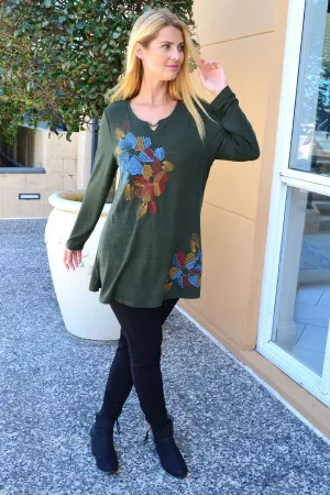 Olive Windmill Flower Tunic Top