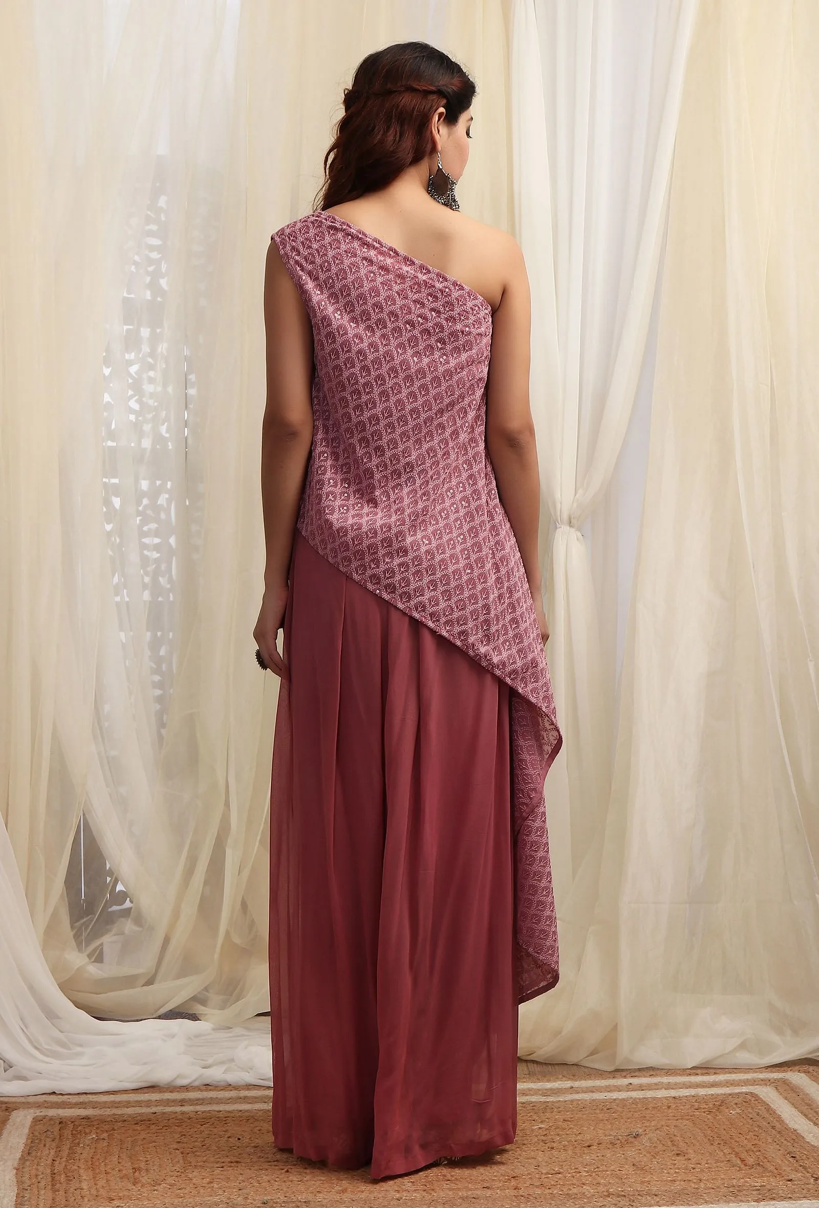 Opera Mauve One Shoulder Asymmetrical top with sequin embroidery