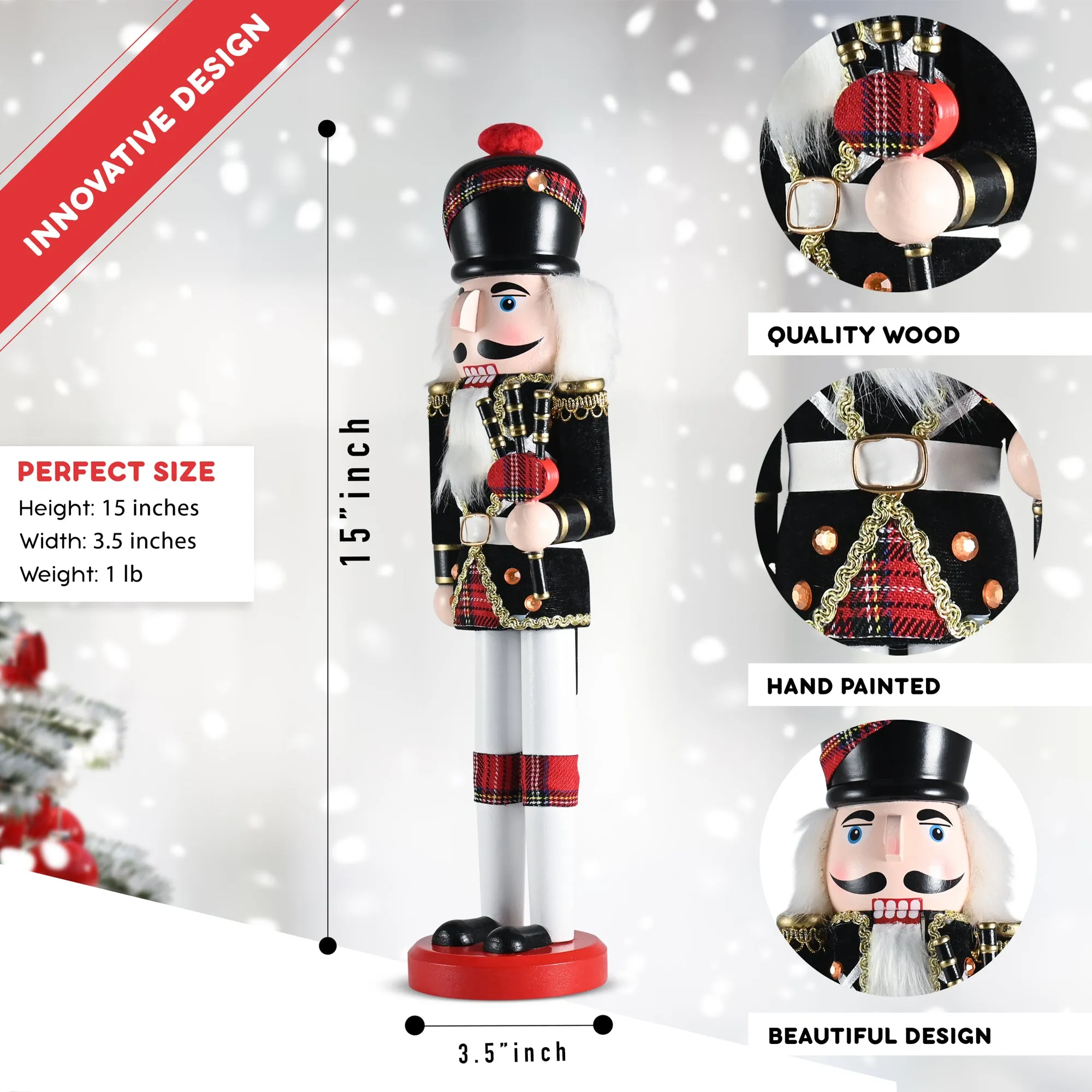 Ornativity Christmas Bagpipe Soldier Nutcracker – Red and Black Wooden Nutcracker Soldier with Bagpipe Xmas Themed Holiday Nut Cracker Doll Figure Decorations