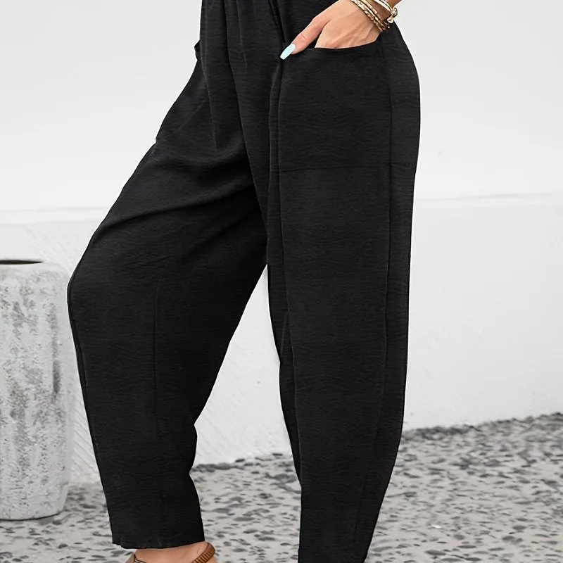 Plus Size Solid High Rise Tapered Leg Trousers - Comfort Meets Style with Convenient Pockets