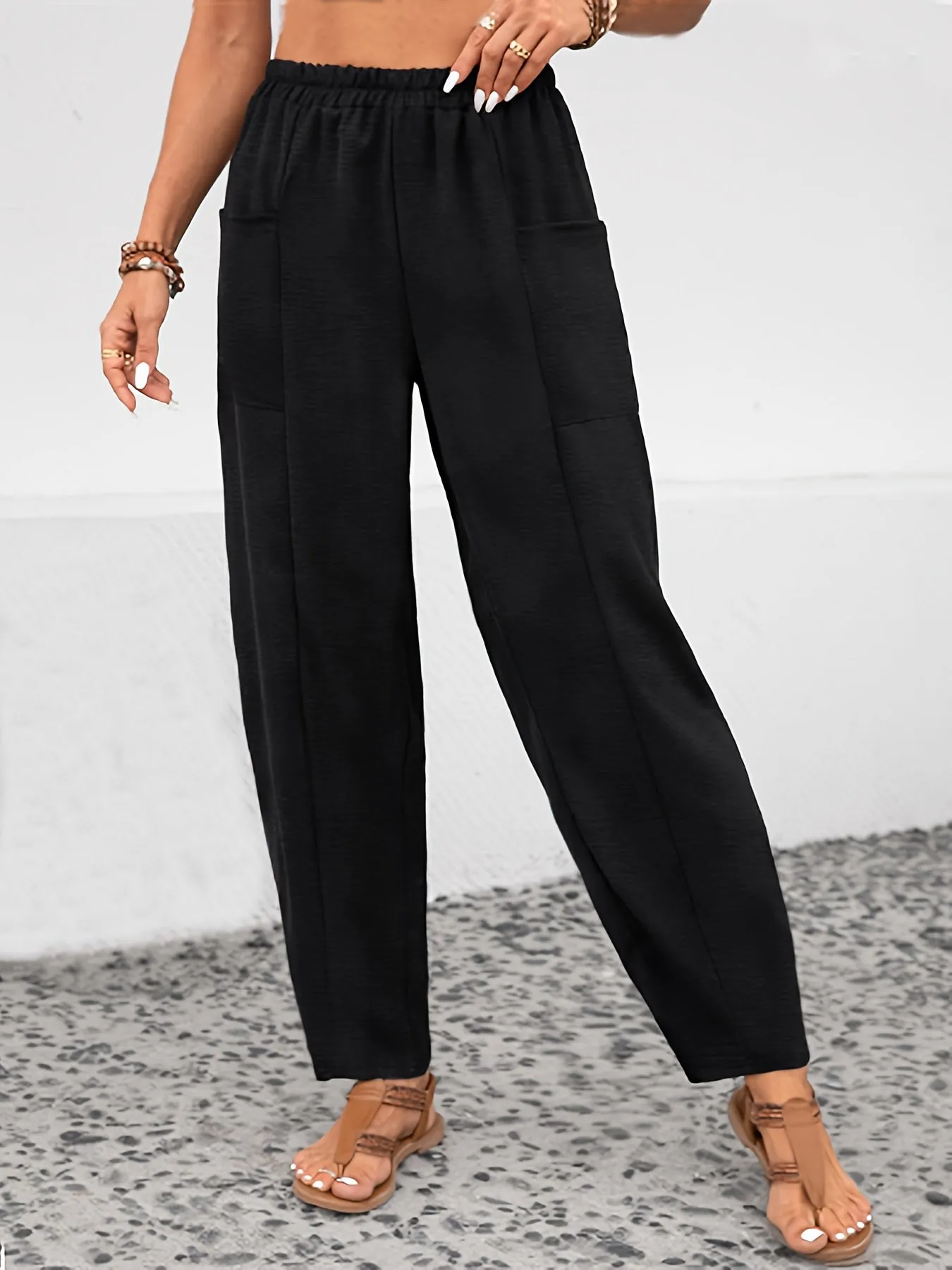 Plus Size Solid High Rise Tapered Leg Trousers - Comfort Meets Style with Convenient Pockets