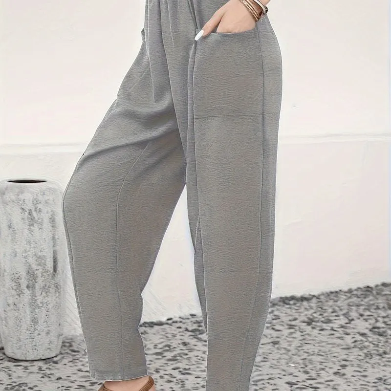 Plus Size Solid High Rise Tapered Leg Trousers - Comfort Meets Style with Convenient Pockets