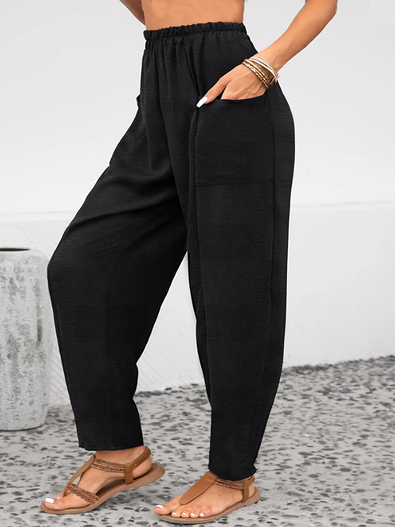 Plus Size Solid High Rise Tapered Leg Trousers - Comfort Meets Style with Convenient Pockets