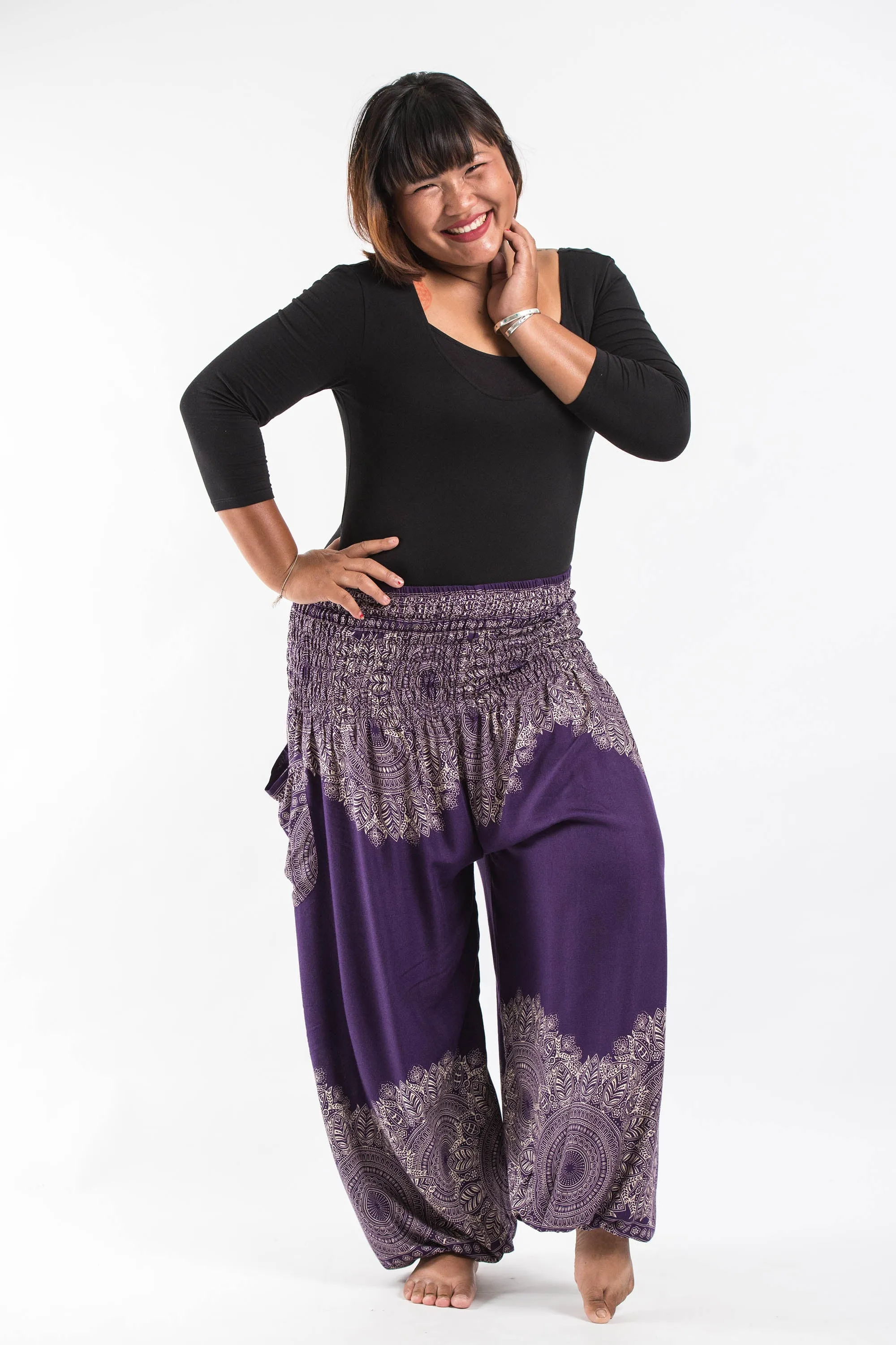 Plus Size Unisex Floral Mandalas Harem Pants in Purple