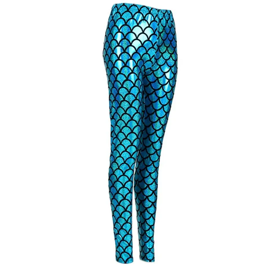 Shiny Fish Scale Leggings - Blue