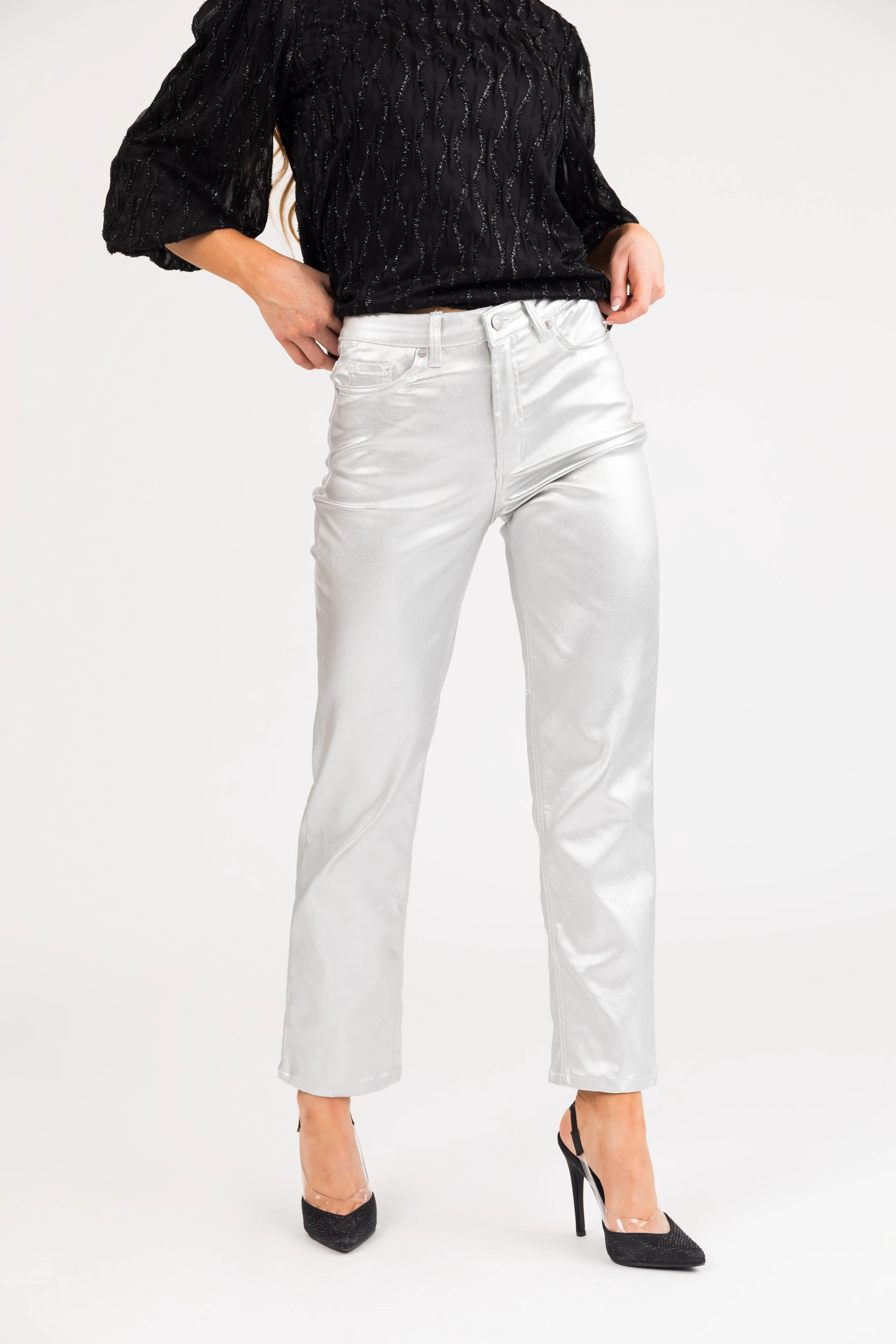 Silver Shiny Pleather High Rise Straight Leg Pants