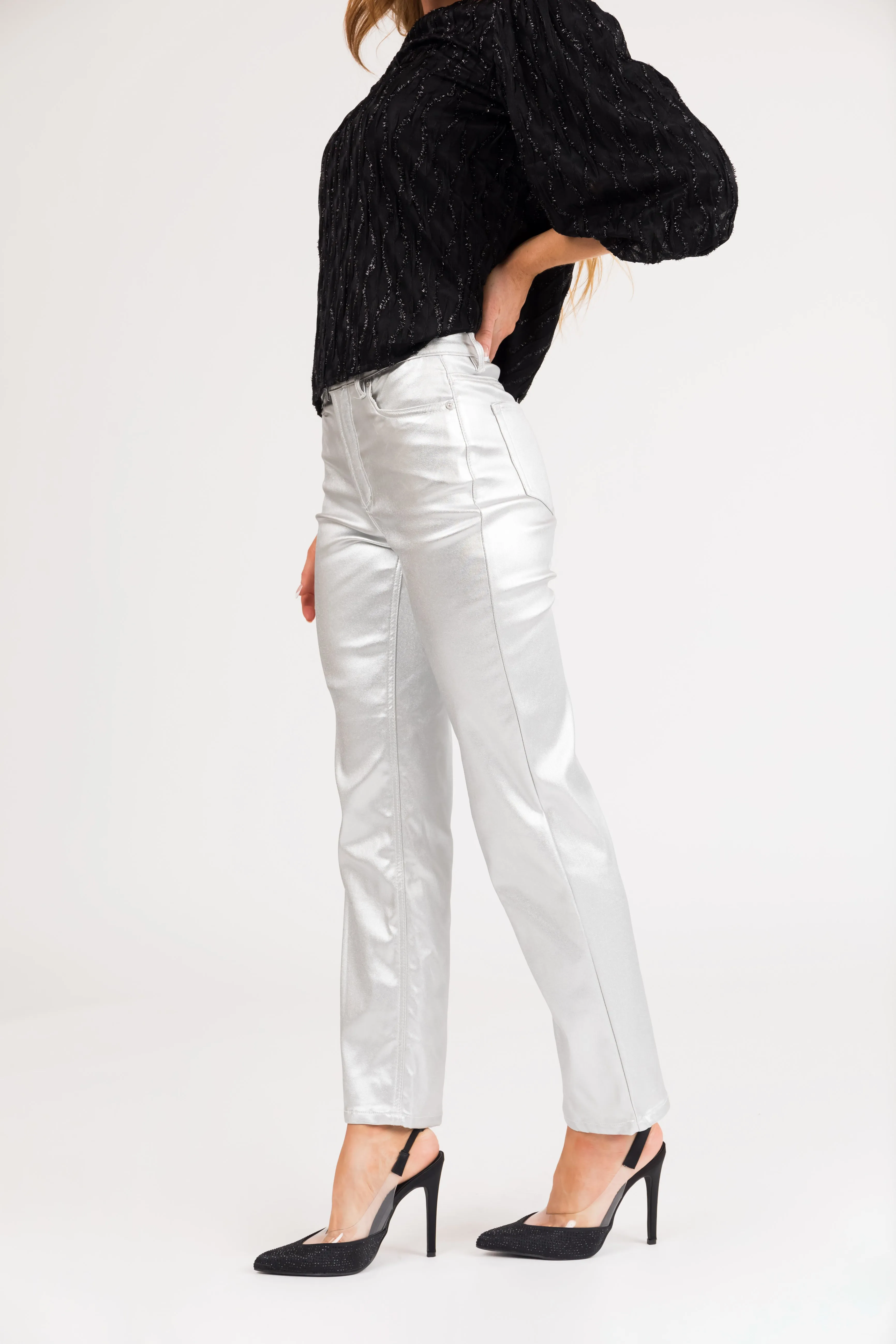 Silver Shiny Pleather High Rise Straight Leg Pants