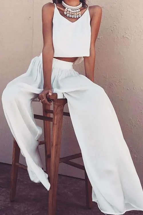 Solid Crop Slip Top Pants Set