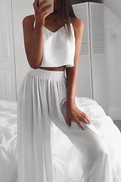 Solid Crop Slip Top Pants Set