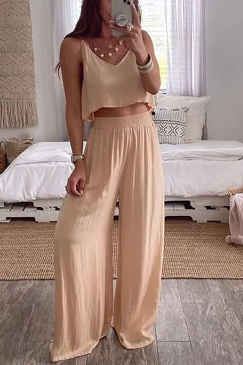 Solid Crop Slip Top Pants Set