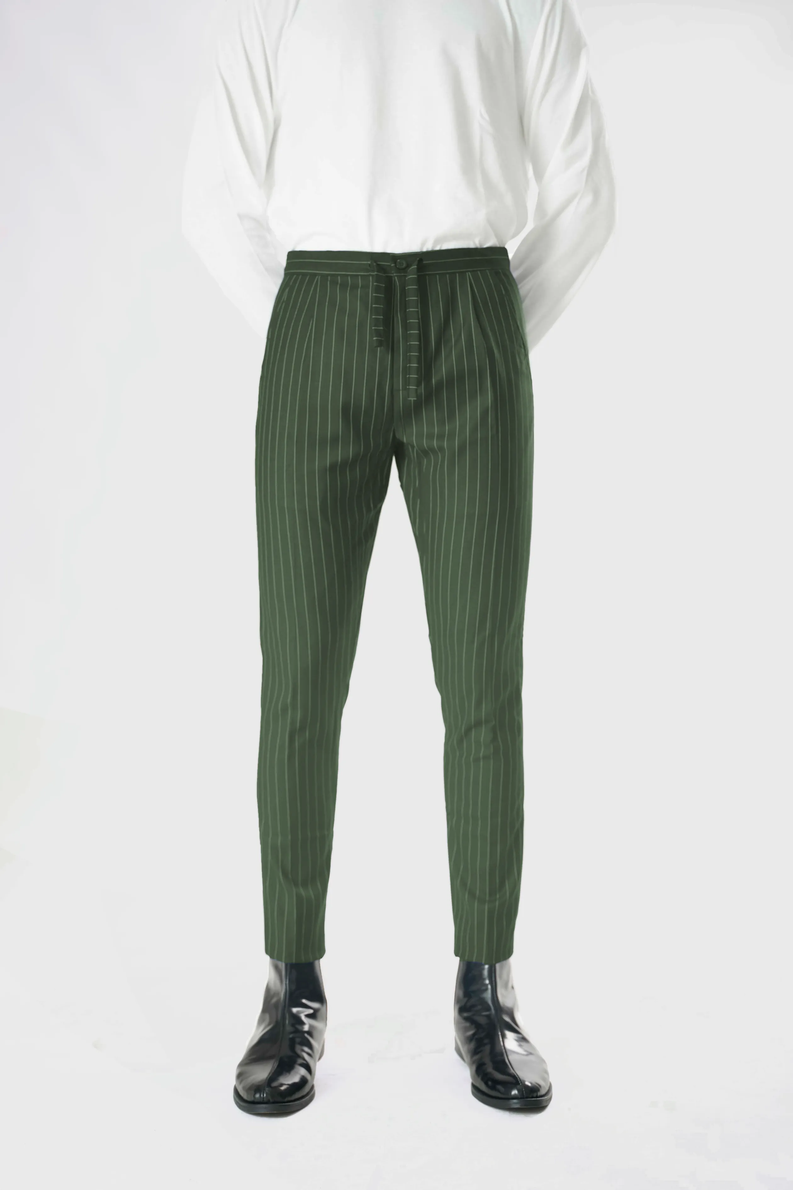 Standard Length Three Quarter Sleeve Wool Pants in Green Pinstripe