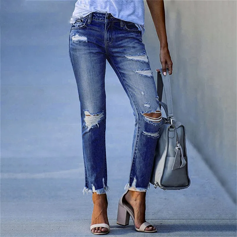 Stretch Ripped Distressed Skinny High Waist Denim Pants