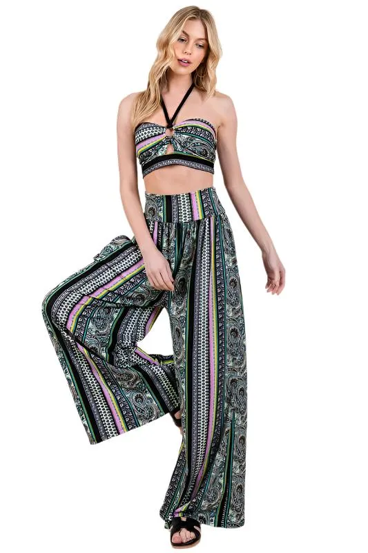 TEEK - Boho Print Wide Leg Pocketed Pants