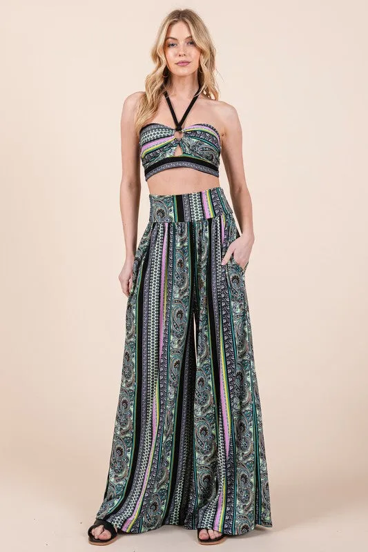 TEEK - Boho Print Wide Leg Pocketed Pants