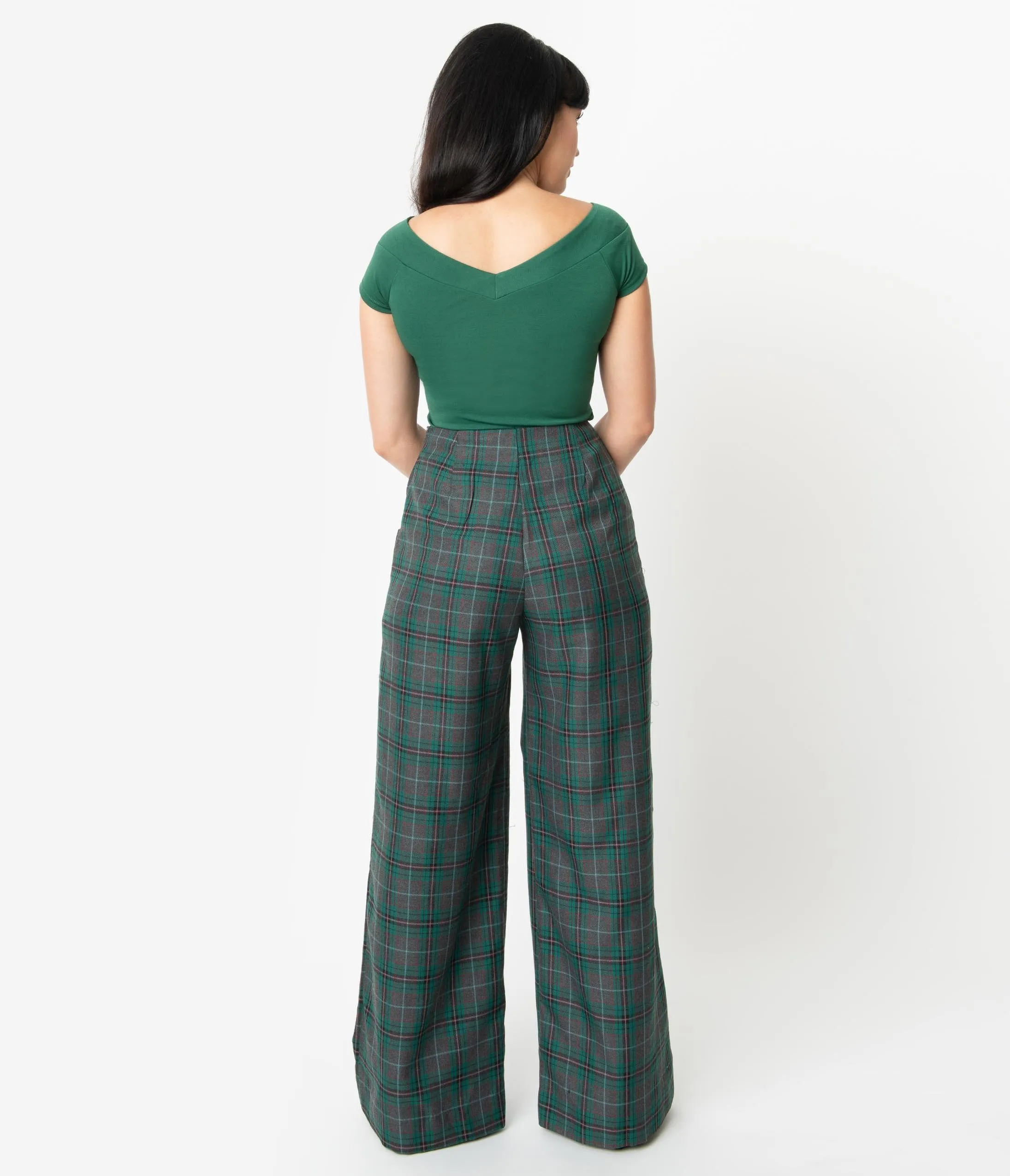 Unique Vintage Emerald Green & Grey Plaid Rogers High Waisted Pants