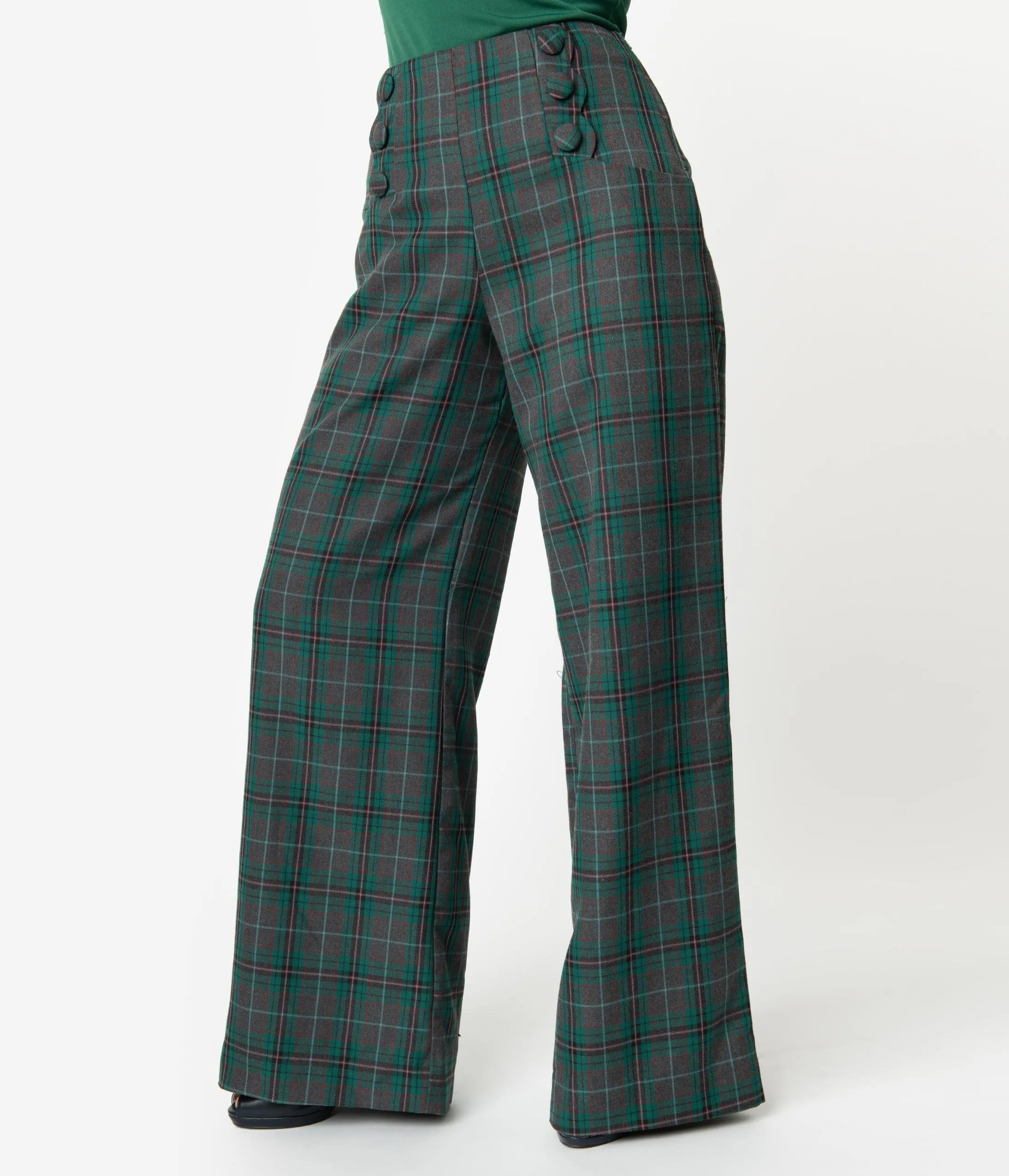 Unique Vintage Emerald Green & Grey Plaid Rogers High Waisted Pants