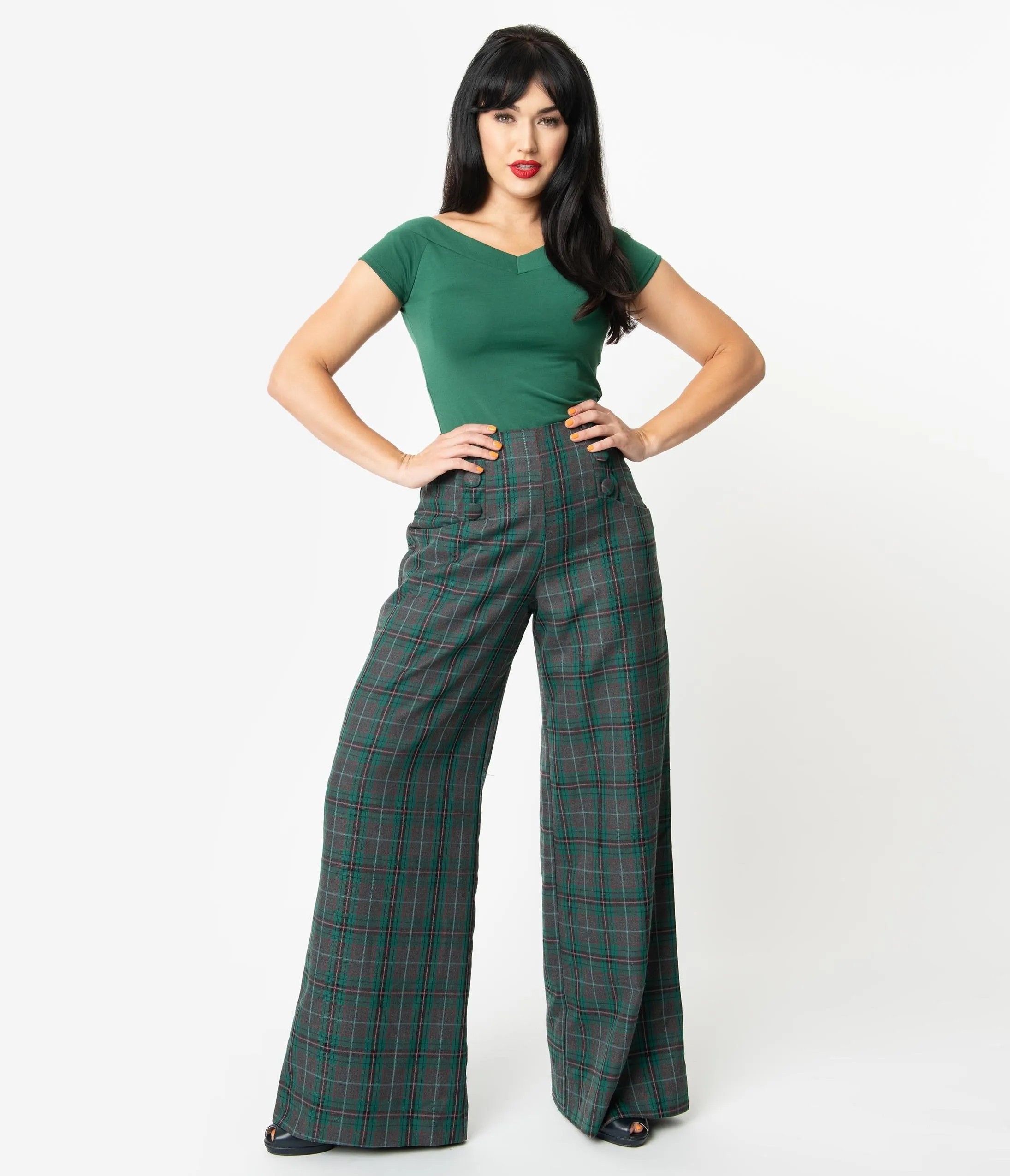 Unique Vintage Emerald Green & Grey Plaid Rogers High Waisted Pants