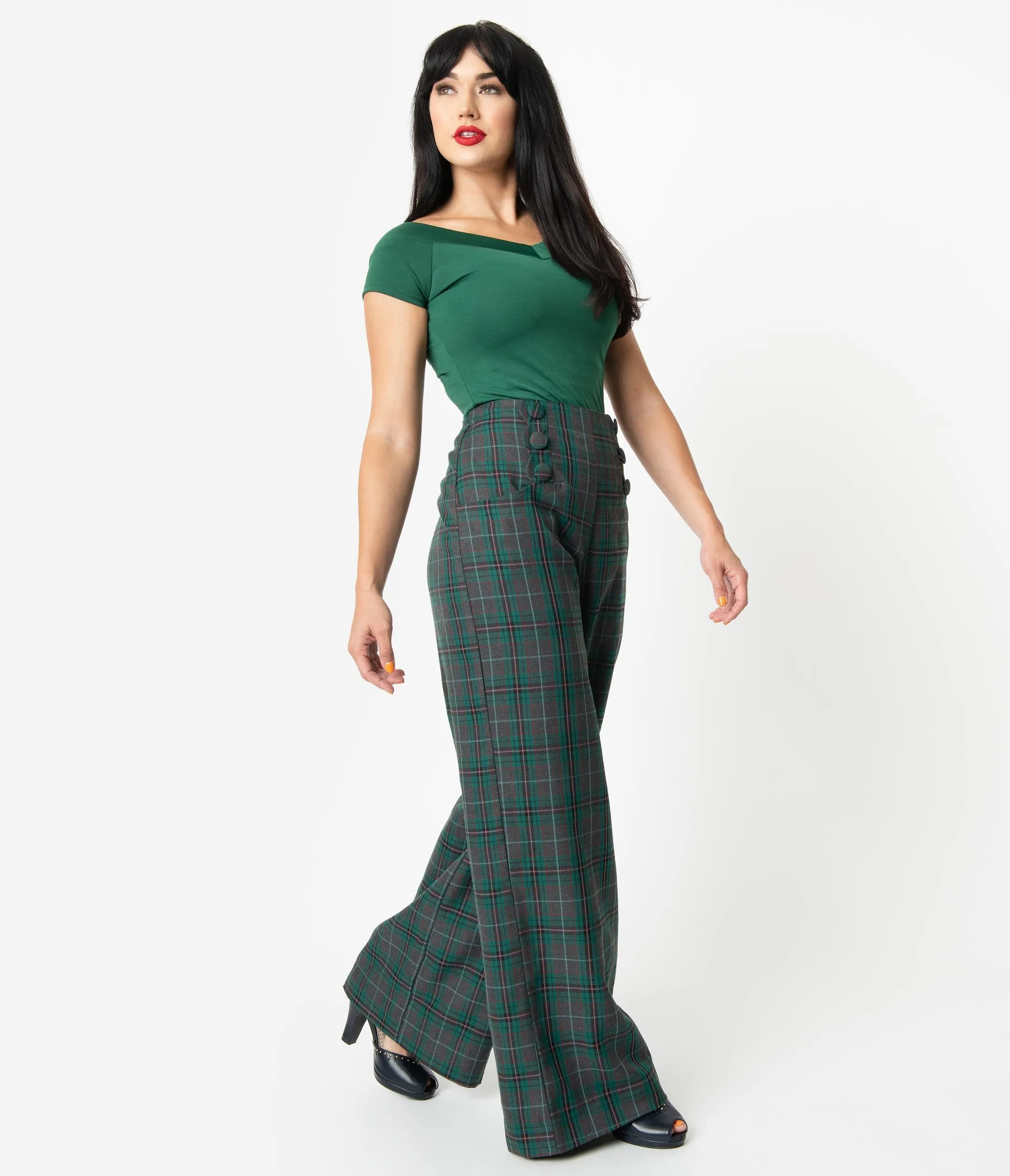 Unique Vintage Emerald Green & Grey Plaid Rogers High Waisted Pants