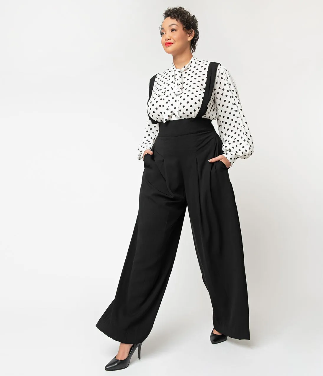 Unique Vintage Plus Size Black High Waist Wide Leg Rochelle Suspender Pants