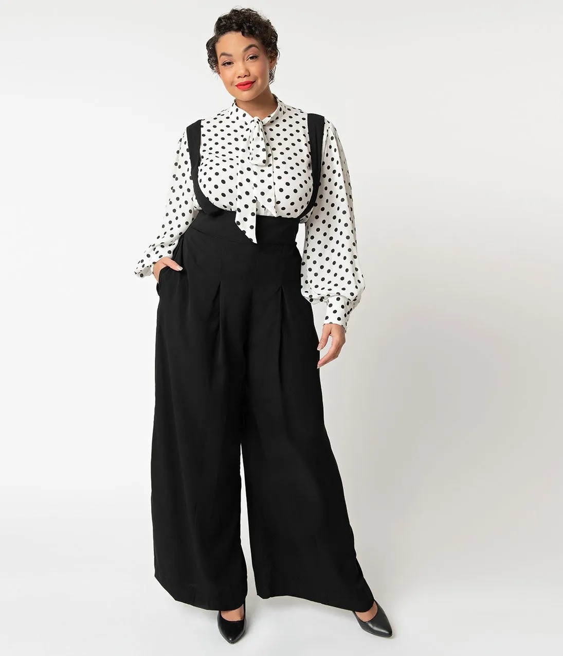 Unique Vintage Plus Size Black High Waist Wide Leg Rochelle Suspender Pants