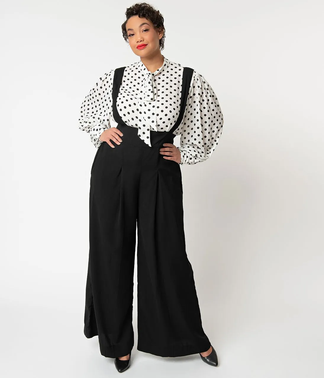 Unique Vintage Plus Size Black High Waist Wide Leg Rochelle Suspender Pants