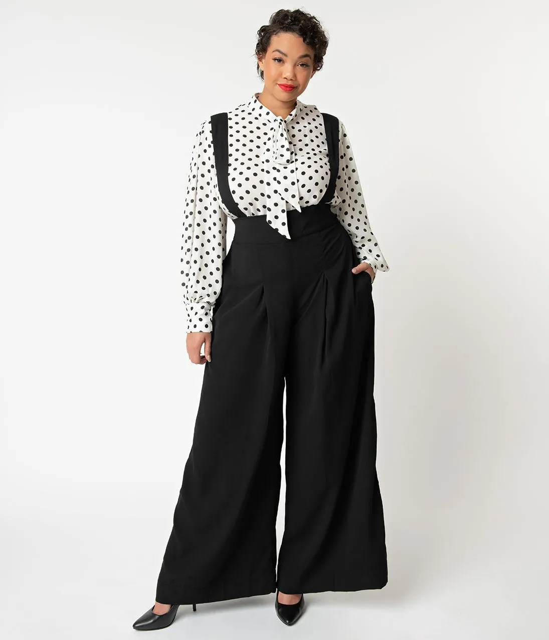 Unique Vintage Plus Size Black High Waist Wide Leg Rochelle Suspender Pants