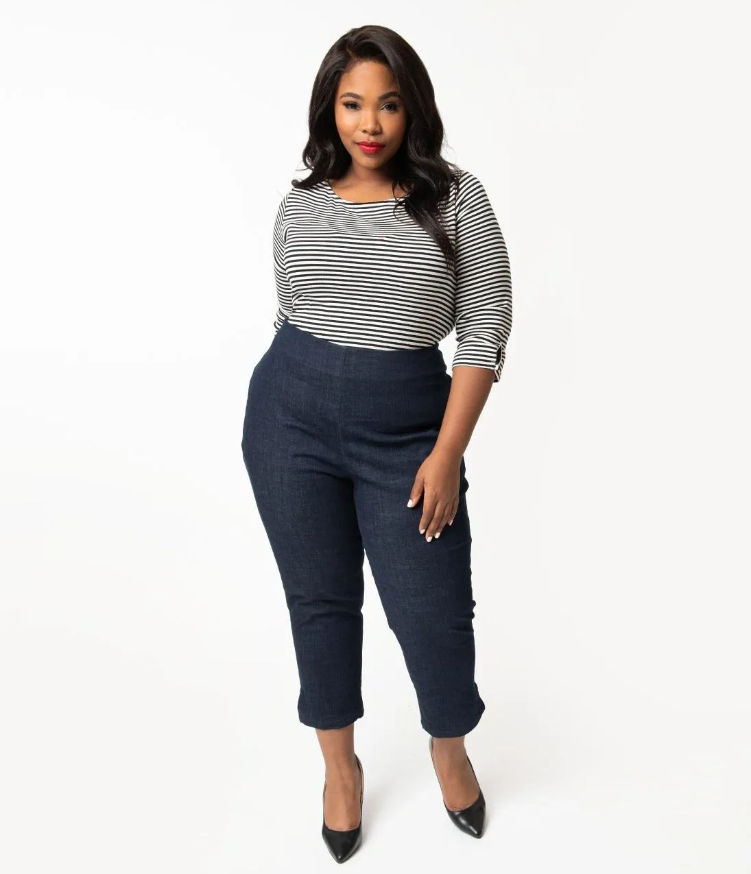 Unique Vintage Plus Size Denim Blue High Waist Rachelle Capri Pants