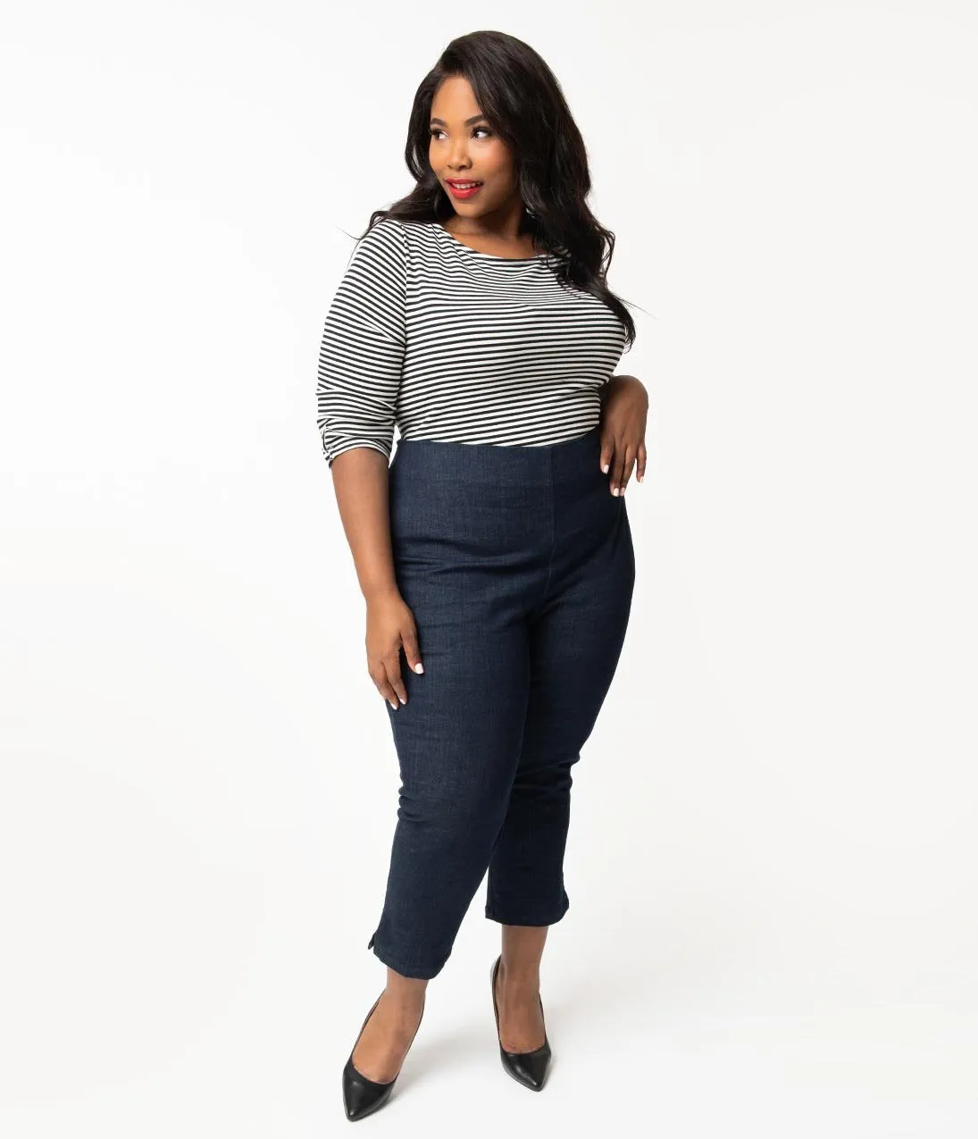 Unique Vintage Plus Size Denim Blue High Waist Rachelle Capri Pants