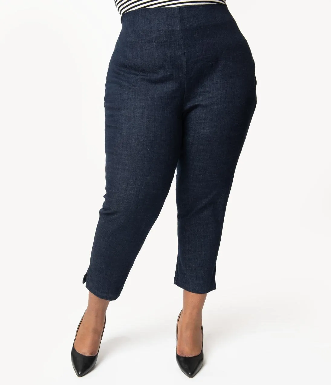 Unique Vintage Plus Size Denim Blue High Waist Rachelle Capri Pants