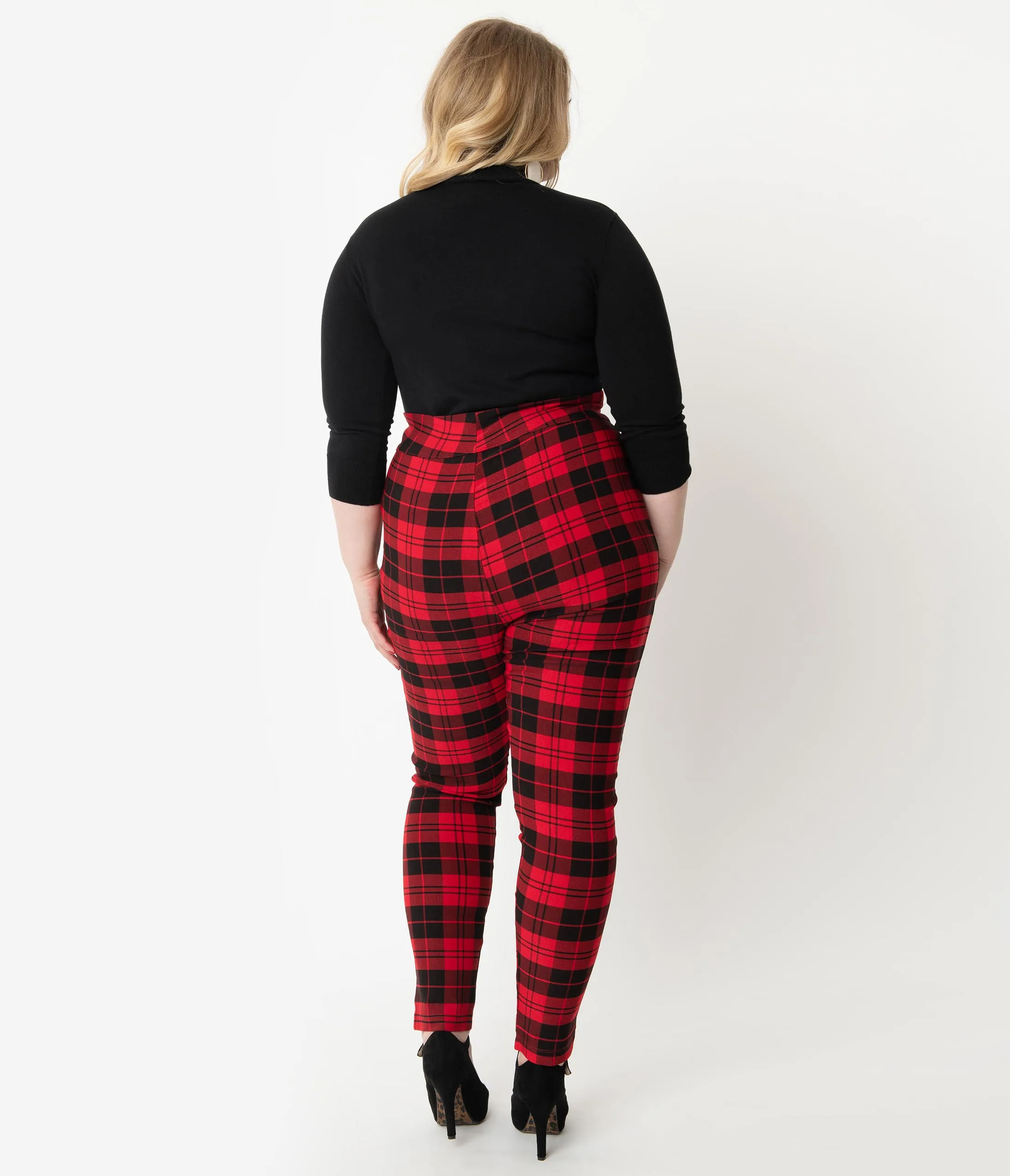 Unique Vintage Plus Size Red & Black Plaid Stretch High Waist Rizzo Cigarette Pants