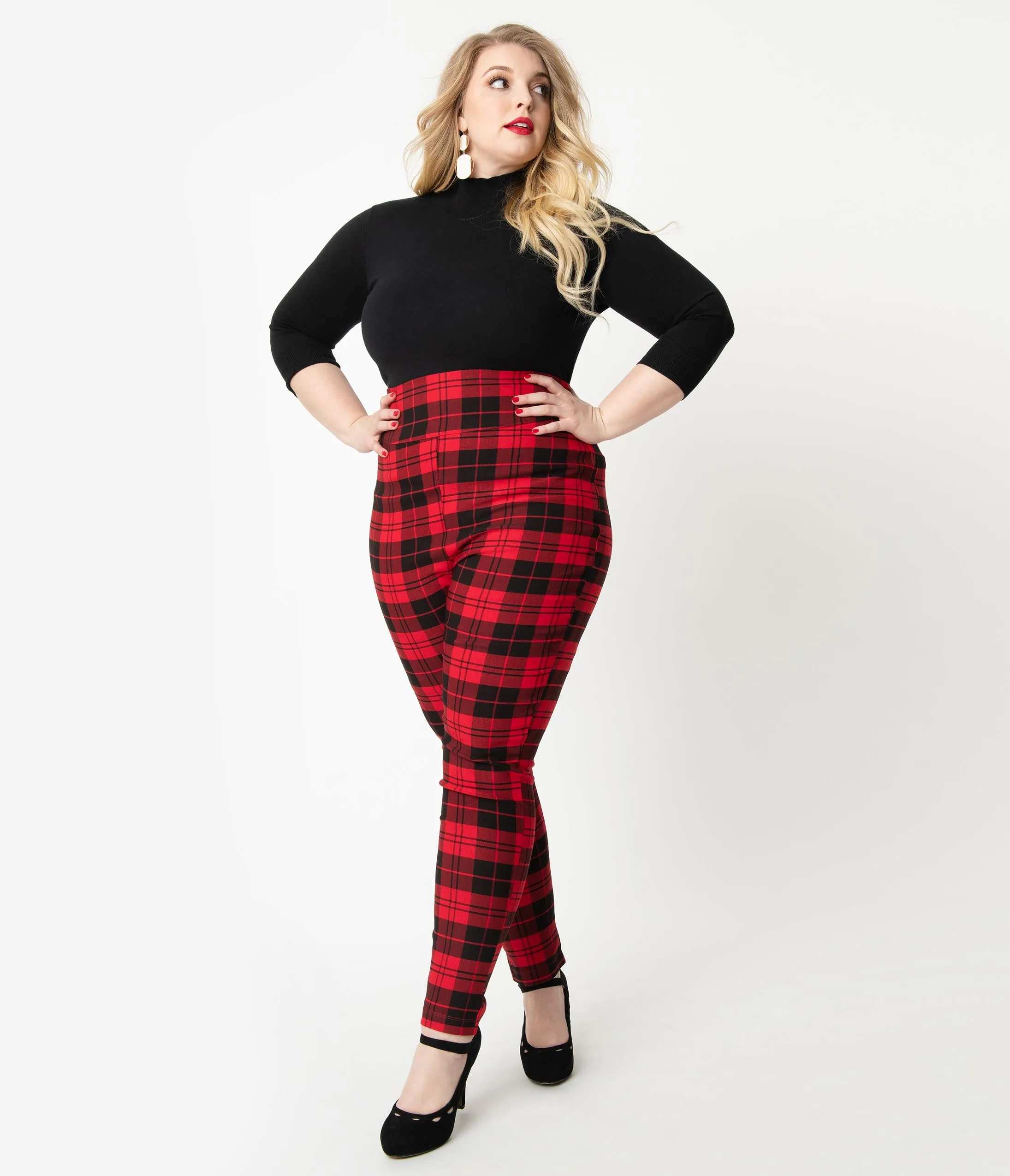 Unique Vintage Plus Size Red & Black Plaid Stretch High Waist Rizzo Cigarette Pants