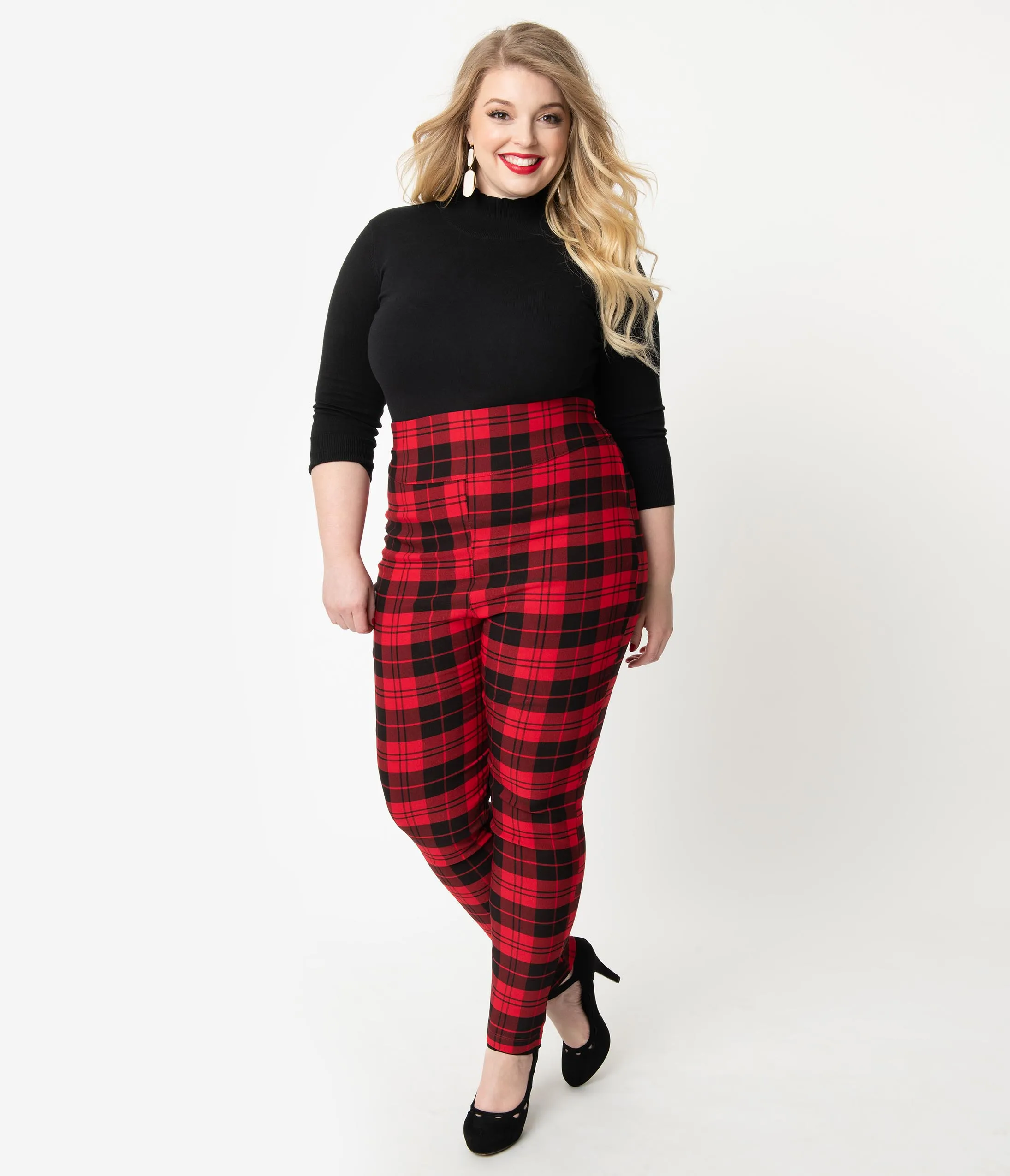 Unique Vintage Plus Size Red & Black Plaid Stretch High Waist Rizzo Cigarette Pants