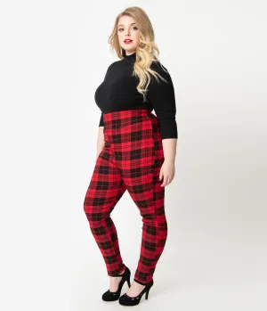 Unique Vintage Plus Size Red & Black Plaid Stretch High Waist Rizzo Cigarette Pants