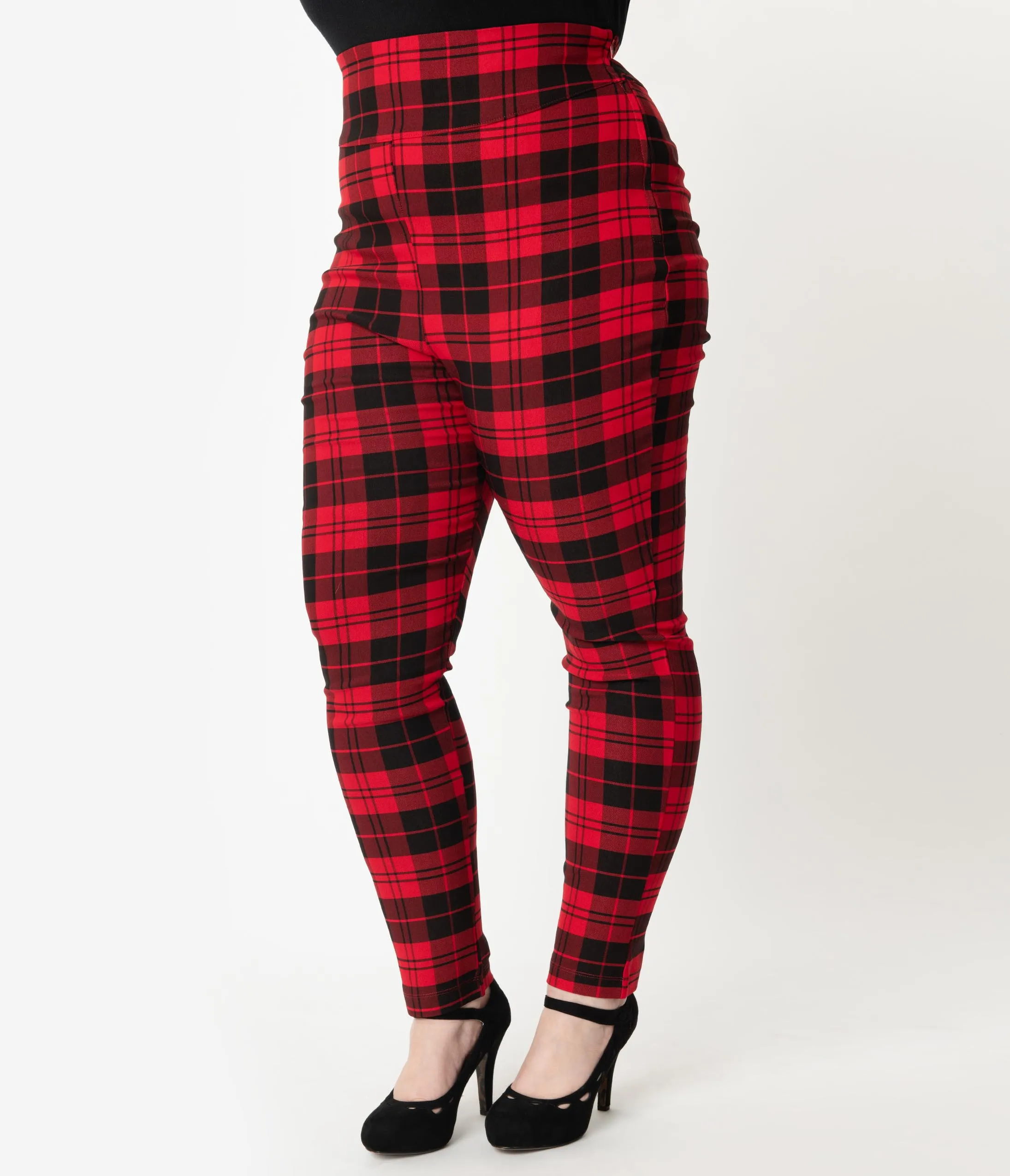 Unique Vintage Plus Size Red & Black Plaid Stretch High Waist Rizzo Cigarette Pants