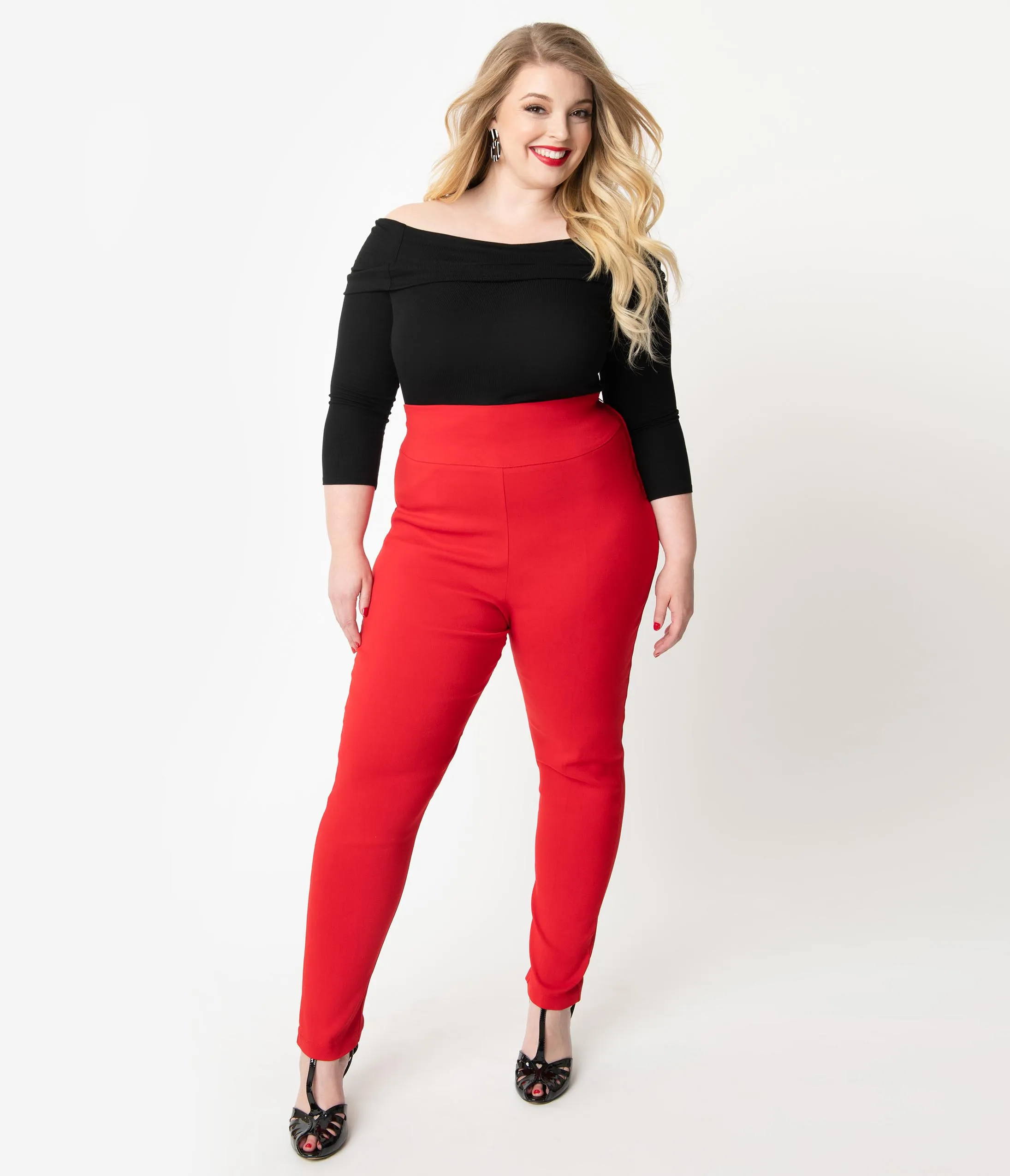 Unique Vintage Plus Size Red Stretch High Waist Rizzo Cigarette Pants