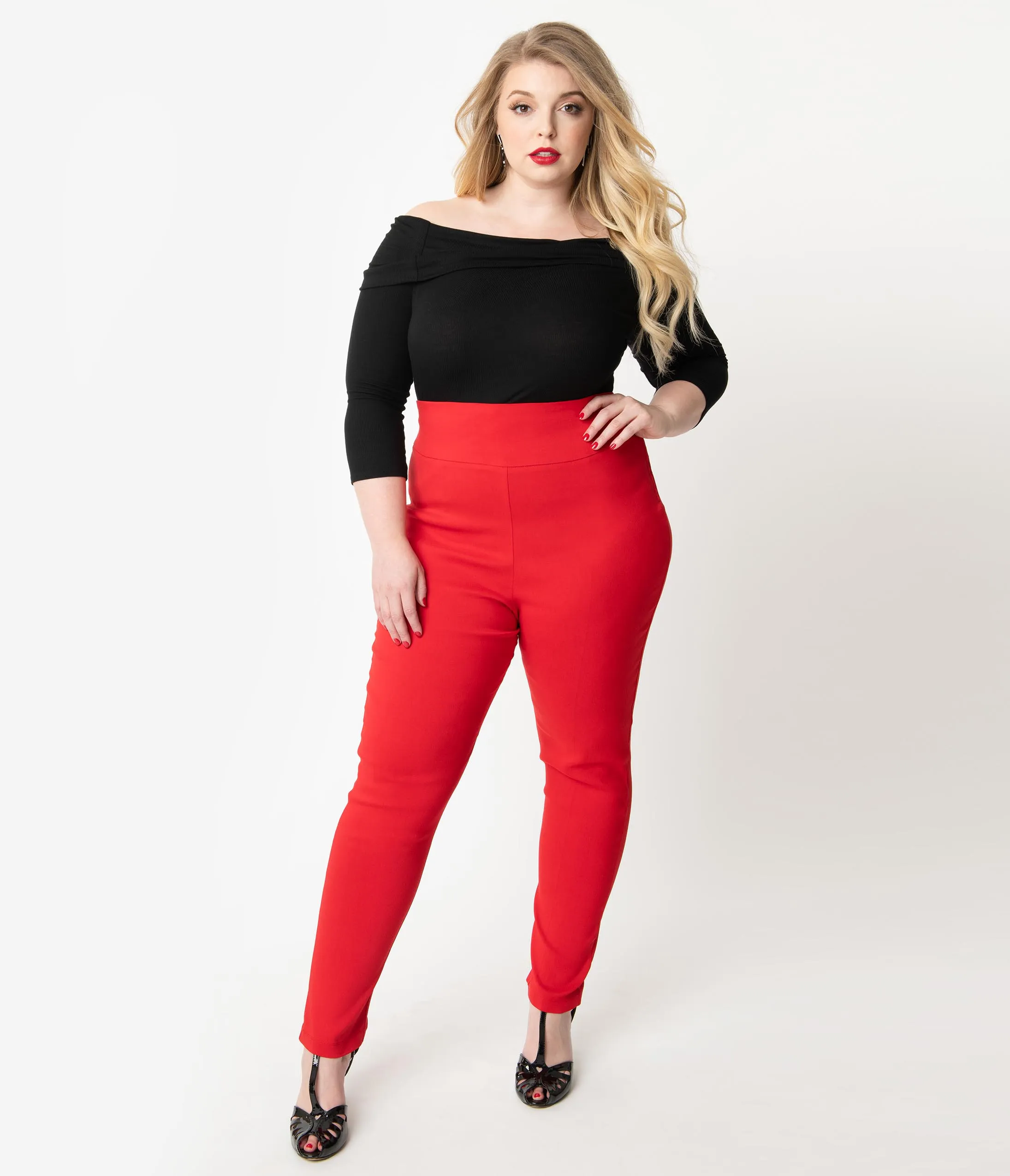 Unique Vintage Plus Size Red Stretch High Waist Rizzo Cigarette Pants