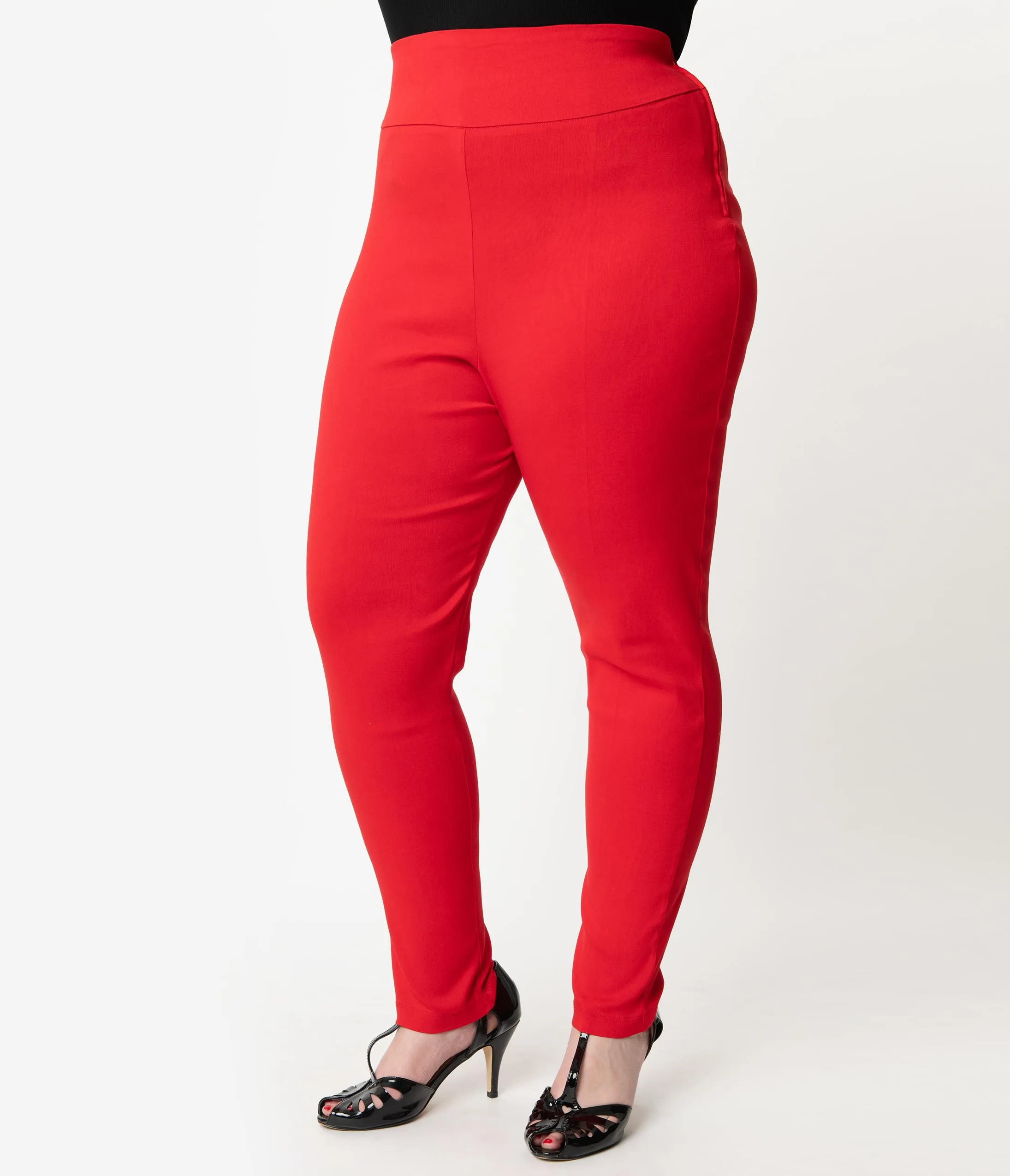 Unique Vintage Plus Size Red Stretch High Waist Rizzo Cigarette Pants